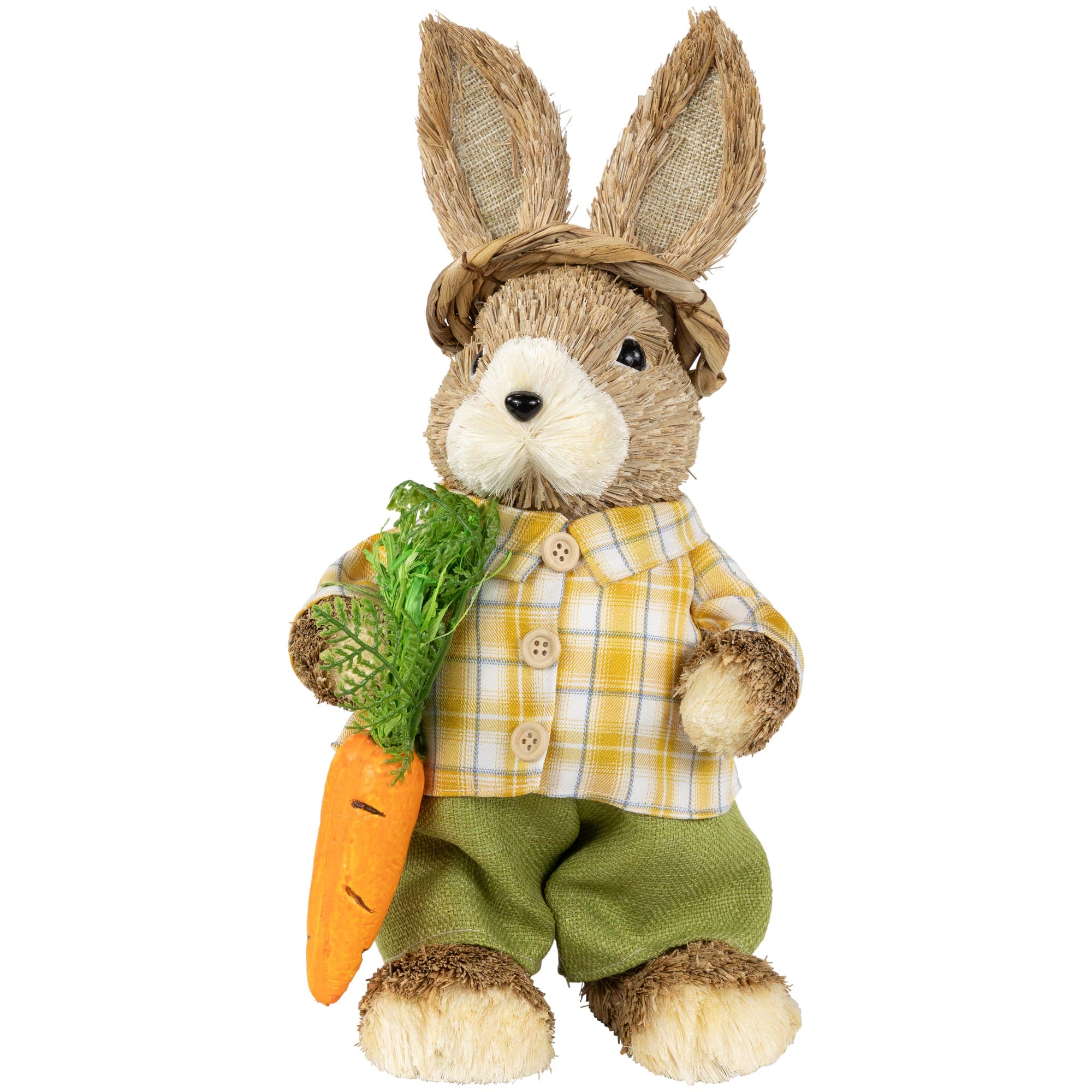 Rustic Boy Rabbit with Carrot Standing Easter Figure - 13.75 inch - Brown and Yellow