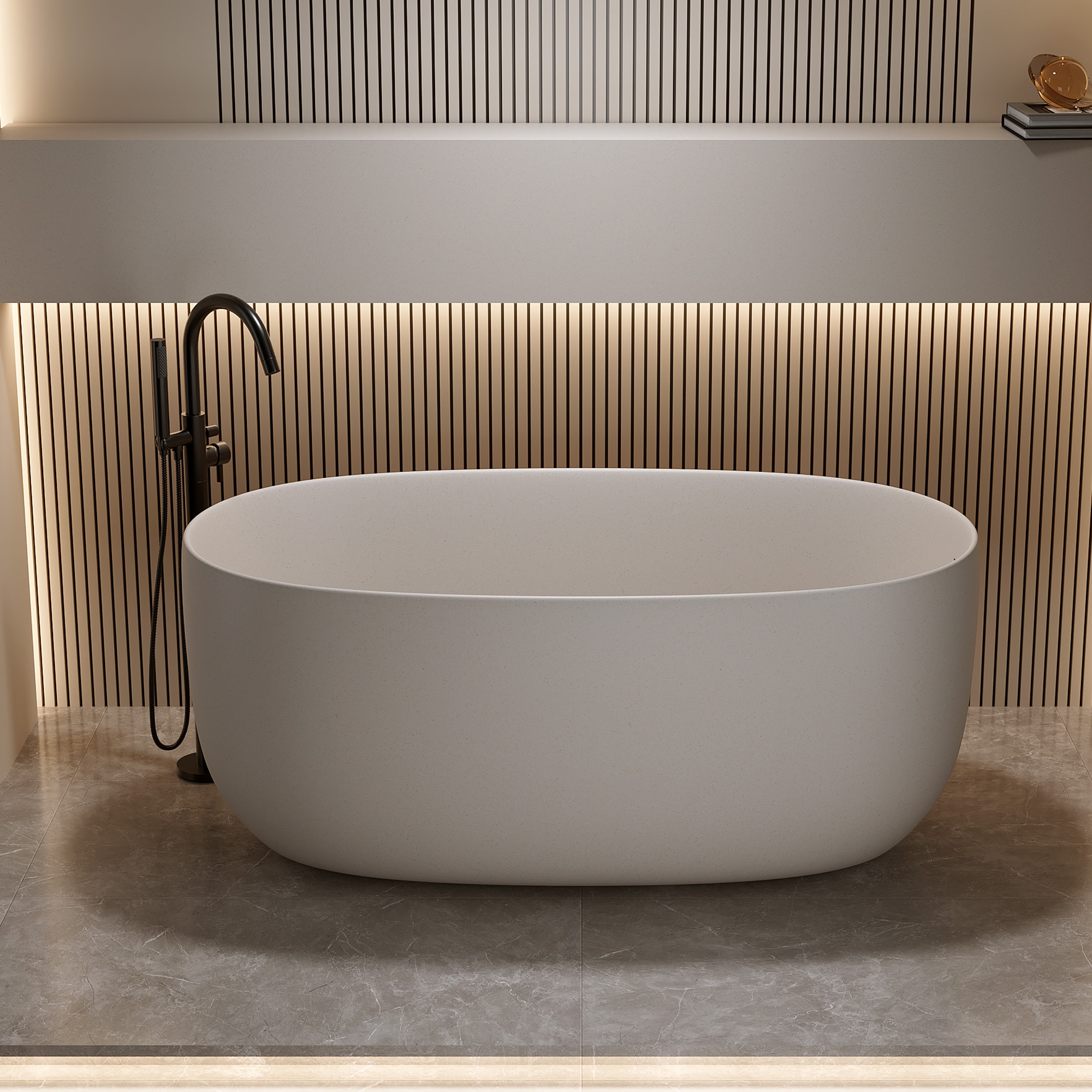 POCCI - 47 Inch Freestanding Bathtub Solid Surface Soaking Tub with Pop-up Drain Beige