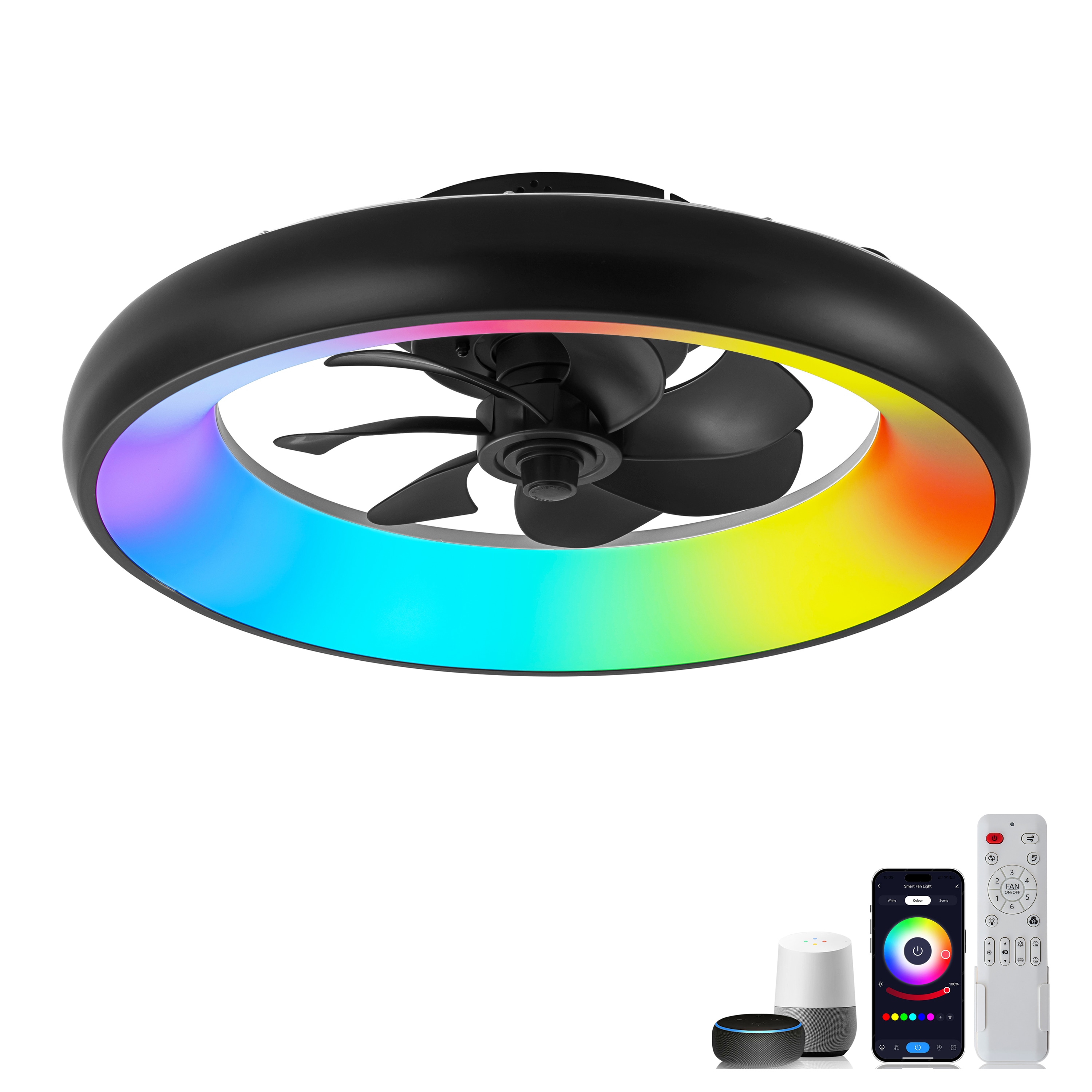 C Cattleya LCA2618-CFB 12-in Color-Changing Integrated LED Flush Mount Smart Black with Black Blades Ceiling Fan With Light - Remote Included ( 7 -Blade )