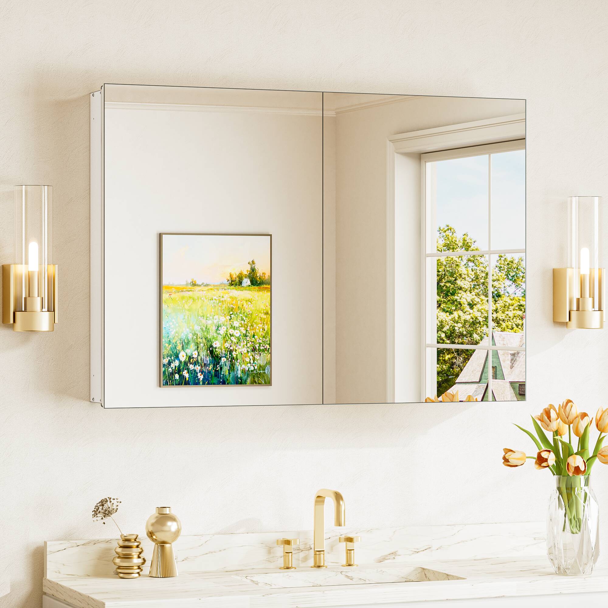 Keonjinn LW-JG-FXFJP-9161-WH Medicine Cabinet Mirror 36-in x 24-in Surface/Recessed Mount White Mirrored Rectangle Soft Close Medicine Cabinet