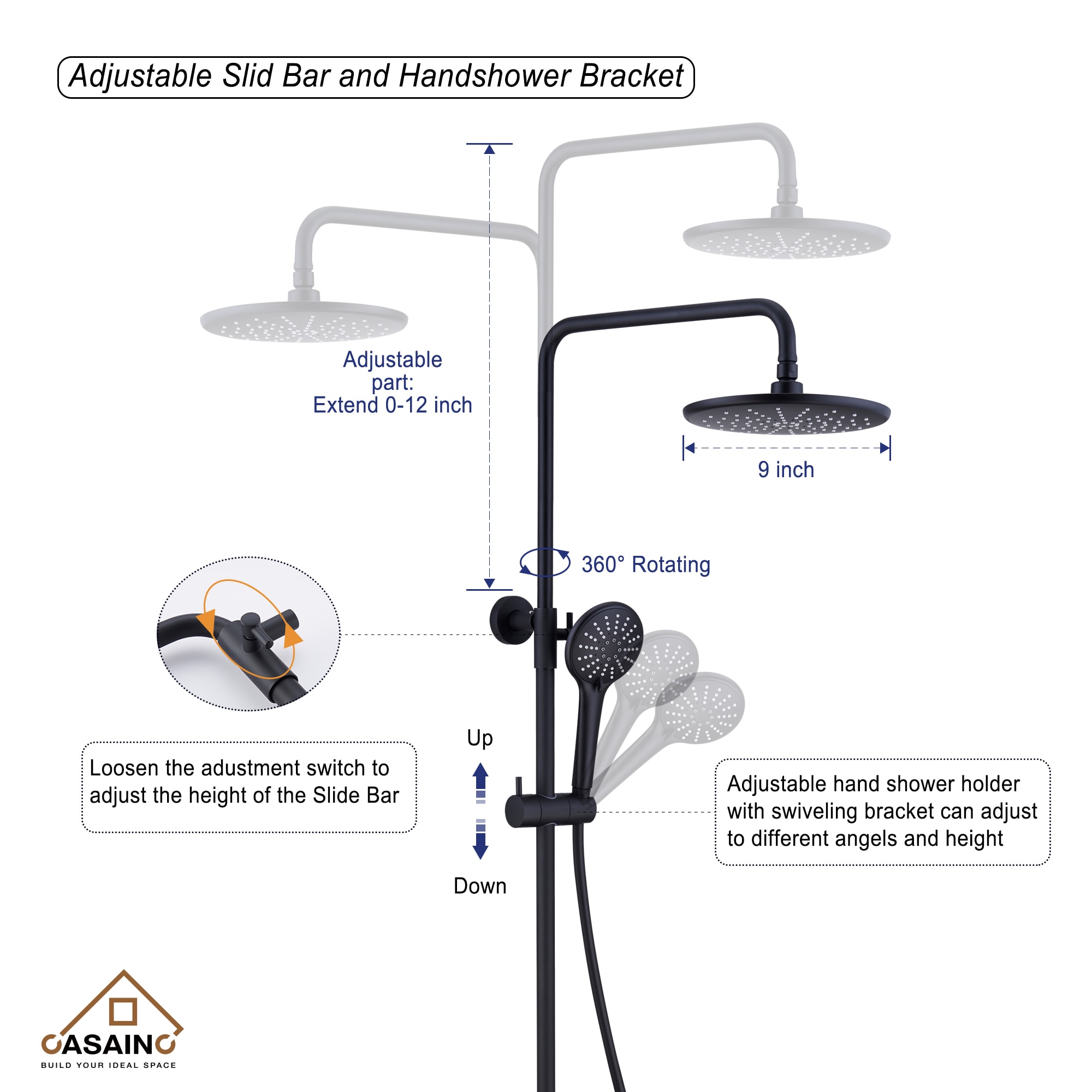 CASAINC Thermostatic Round Shower Faucet Matte Black Dual Head Shower ...