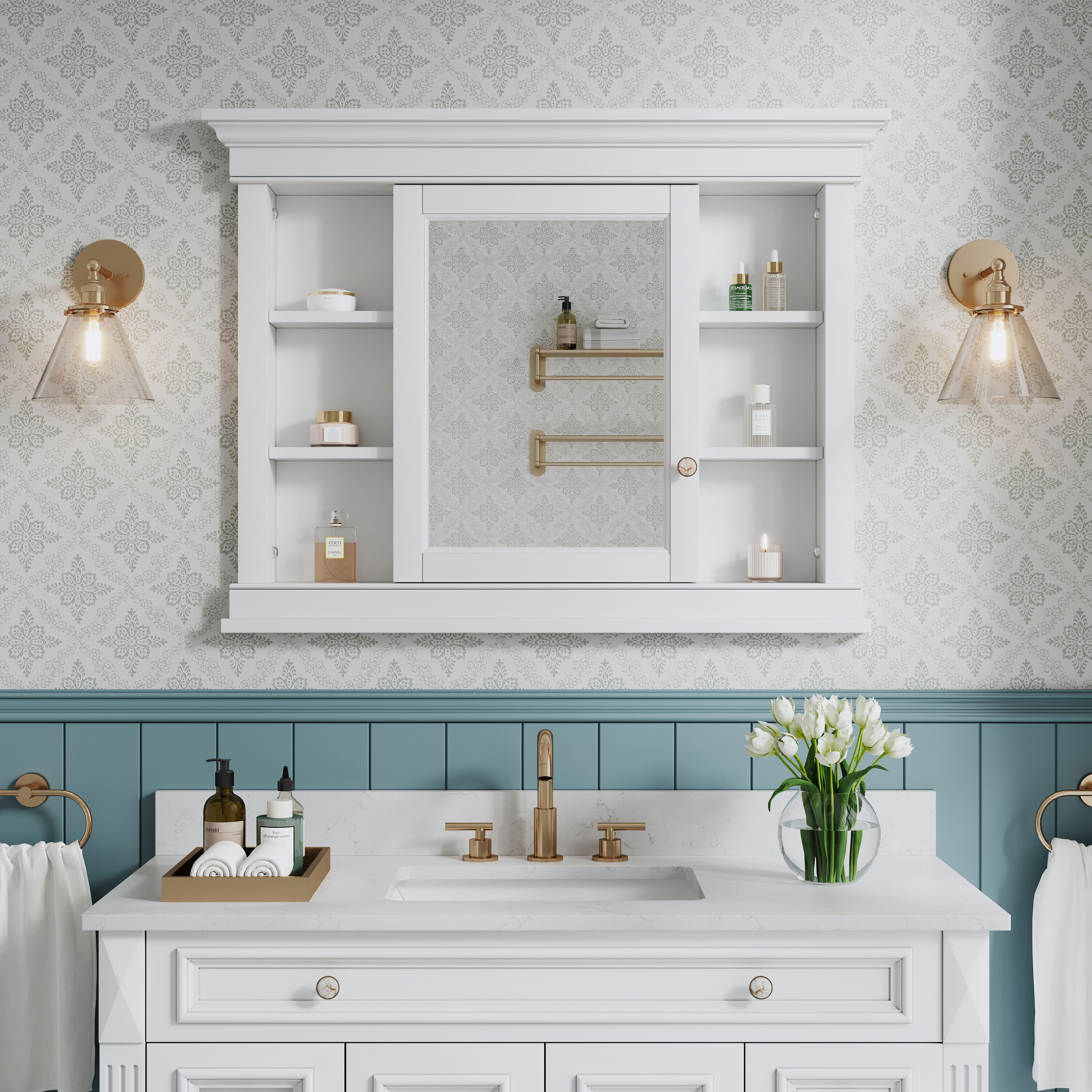 WELLFOR GRACE Solid Wood 48-in x 32-in Recessed Mount White Mirrored Soft Close Medicine Cabinet