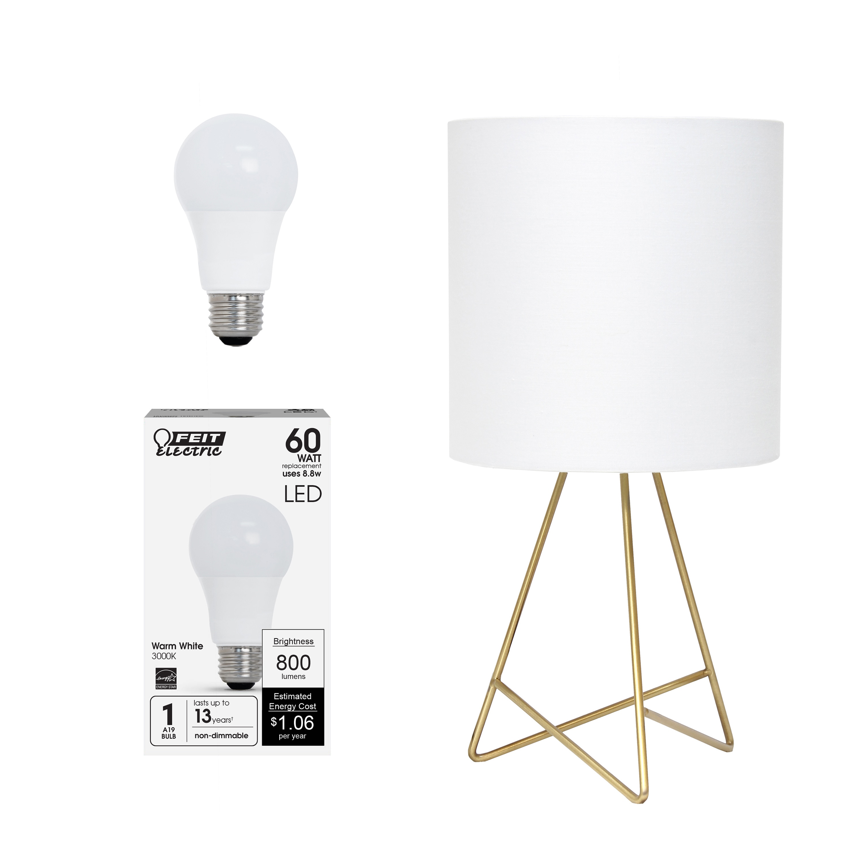 Creekwood Home CWT-2029-GD-LB Glamora 14-in Gold/White Shade LED On/Off switch Table Lamp with Fabric Shade