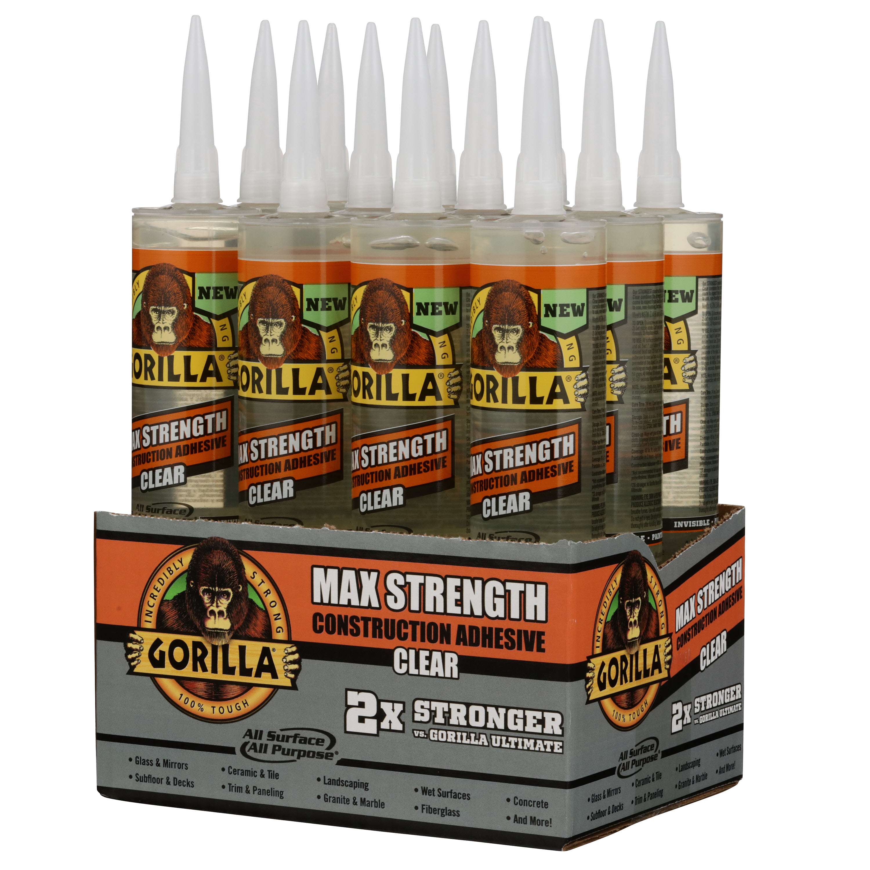 Gorilla Max Strength Clear Construction Adhesive, 9 Ounce Cartridge, Clear, (Pack of 12)