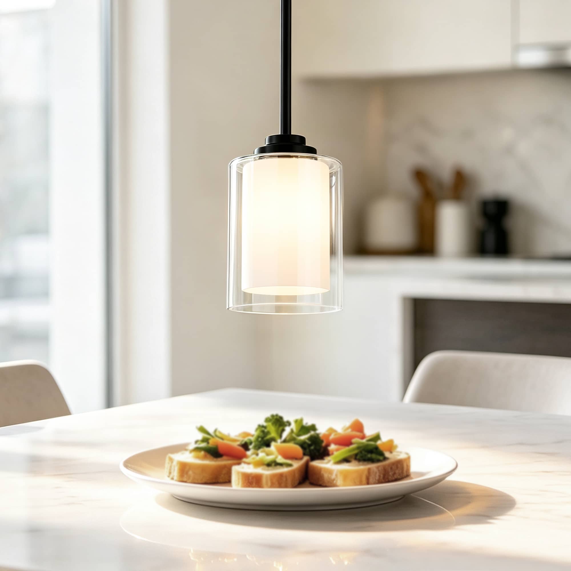 Edvivi 1-Light Matte Black Mini Hanging Pendant Light Fixture with Clear Glass and White Glass Dual Shades for kitchen Island
