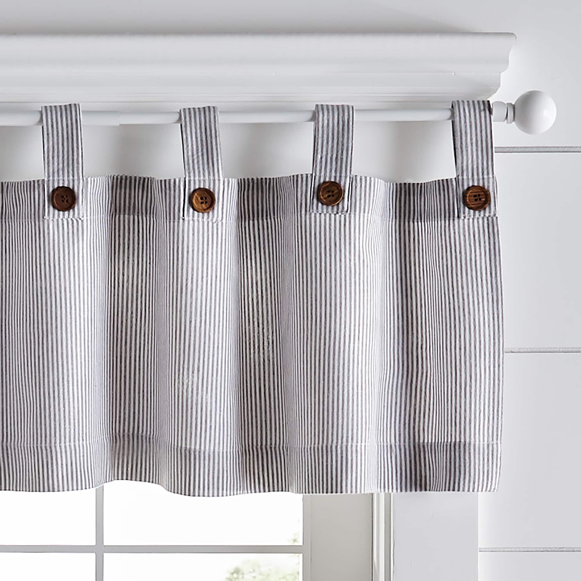 Gray Striped Cotton Tab Top Window Valance with Wooden Buttons
