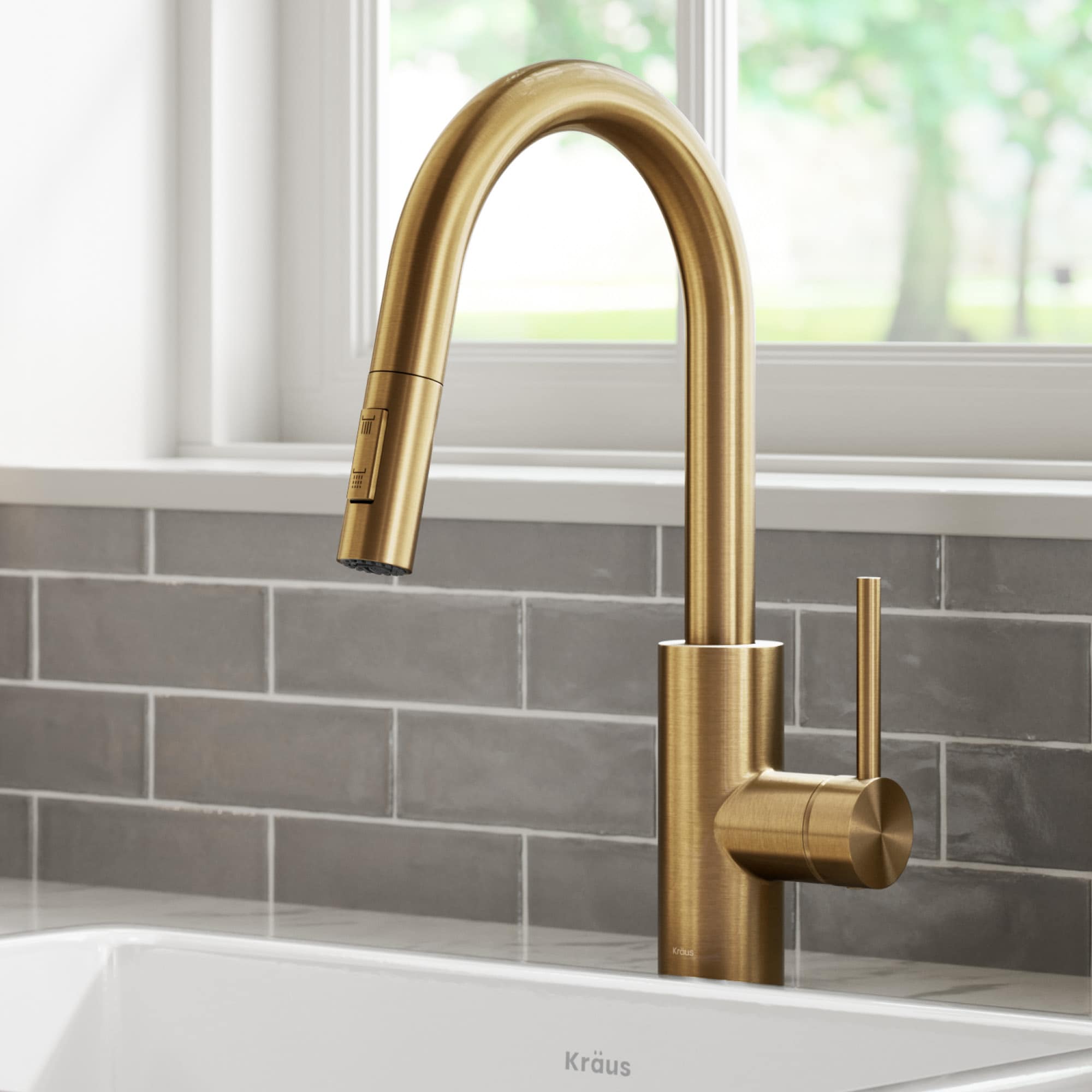 Kraus KPF-2620BB Oletto Brushed Brass Single Handle Deck-mount Pull-down Kitchen Faucet with Sprayer ( Deck Plate Included )