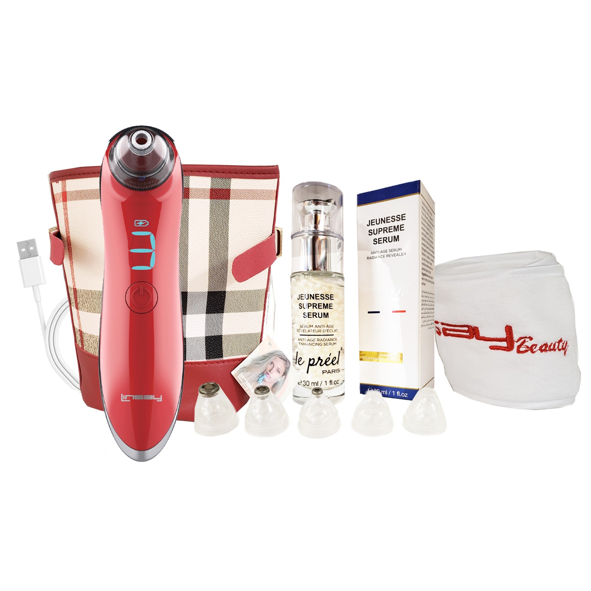 LINSAY L-1SBCUHB Linsay Microdermabrasion and Pore Cleaner Device Super Bundle with Anti Age Serum Cream, Usb Cable, Headb and Bag