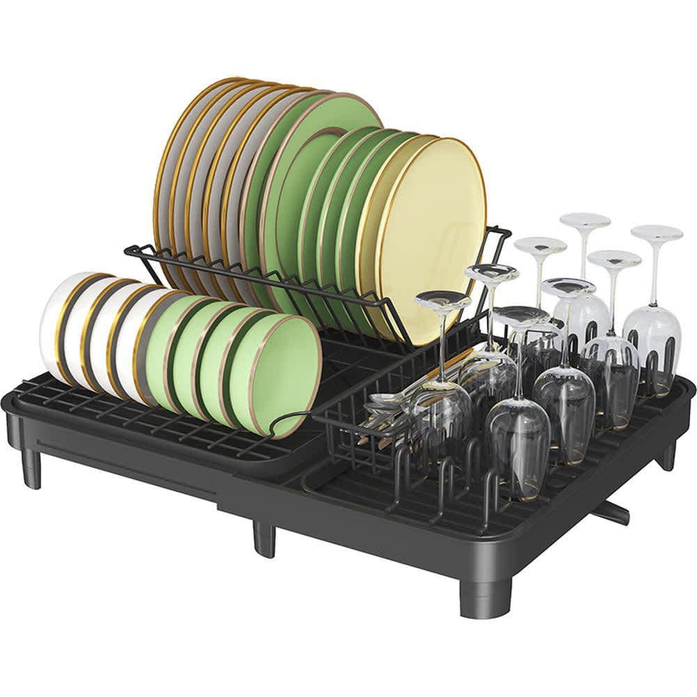 WhizMax 1GGL-FQZDN-PCV6LXR4 Dish Racks for Kitchen Counter  Expandable Dish Drying Rack with Drainboard  Carbon Steel Rust-Resistant Dish Drainer with Removable Utensil Holder for Sink Black