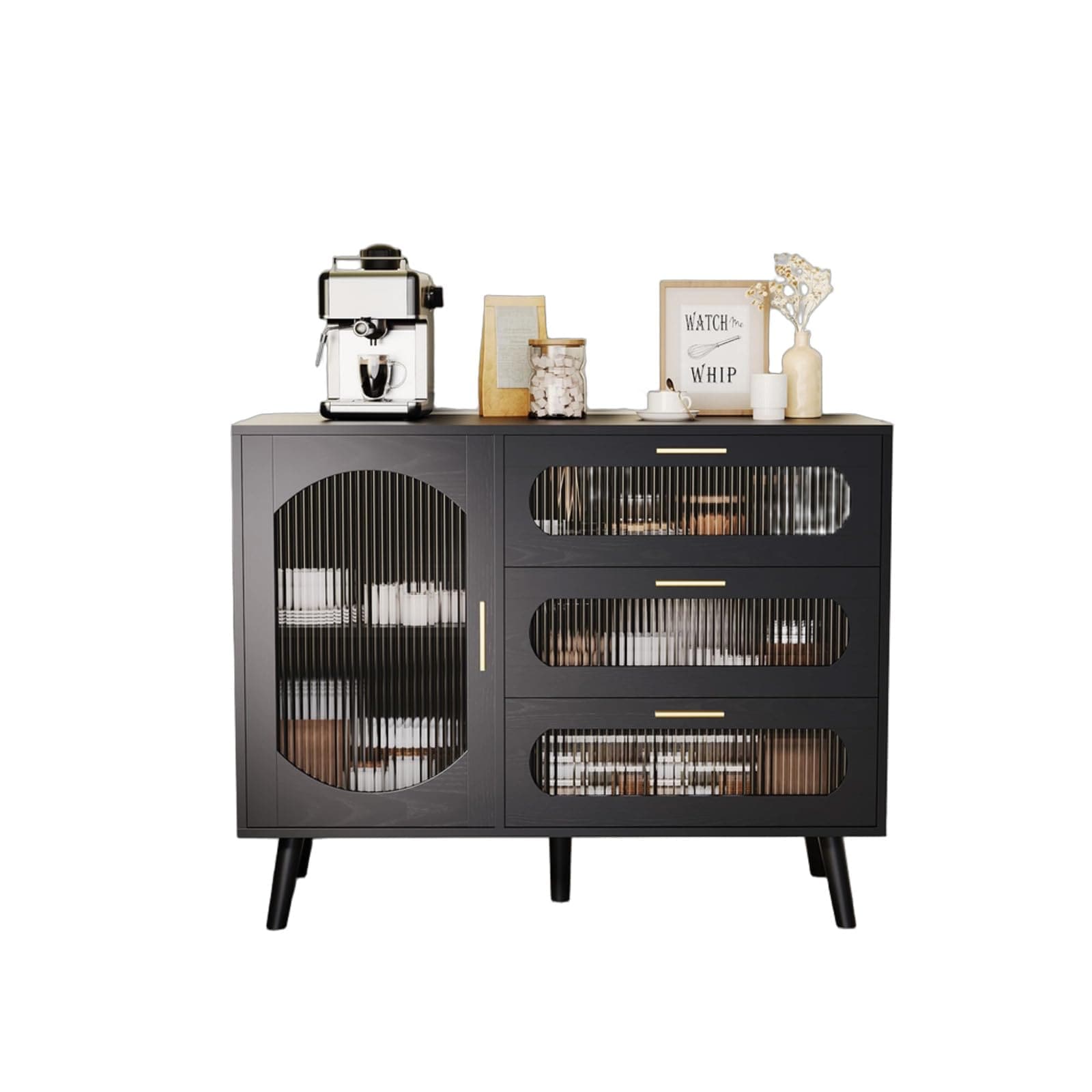 GarveeLife Black Coffee Bar Cabinet with Fluted Glass Doors and Drawers Versatile Sideboard Buffet for Kitchen Entryway Living Room