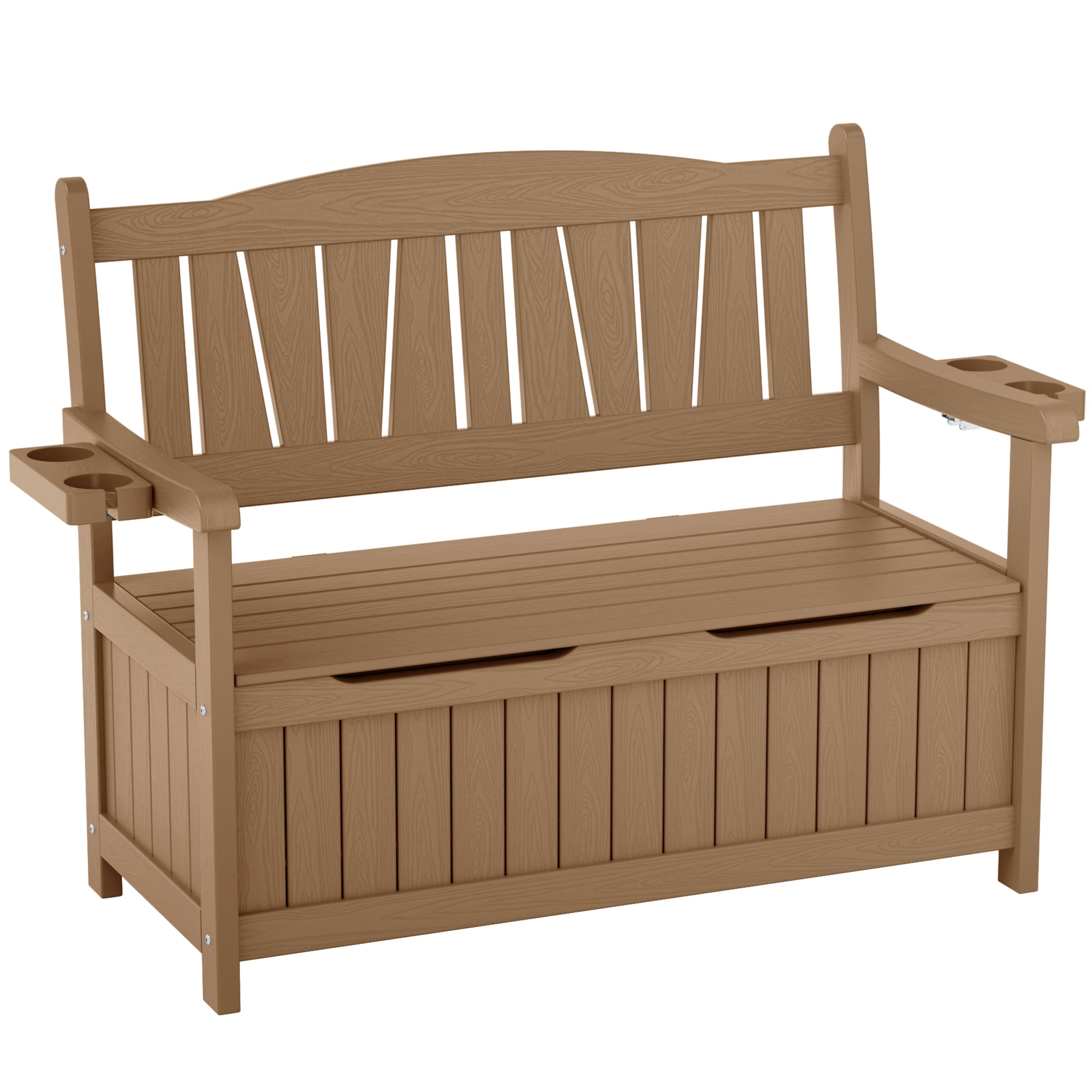 YEFU - 43 Gal. Teak Plastic Outdoor Storage Bench with Double Cup Holders