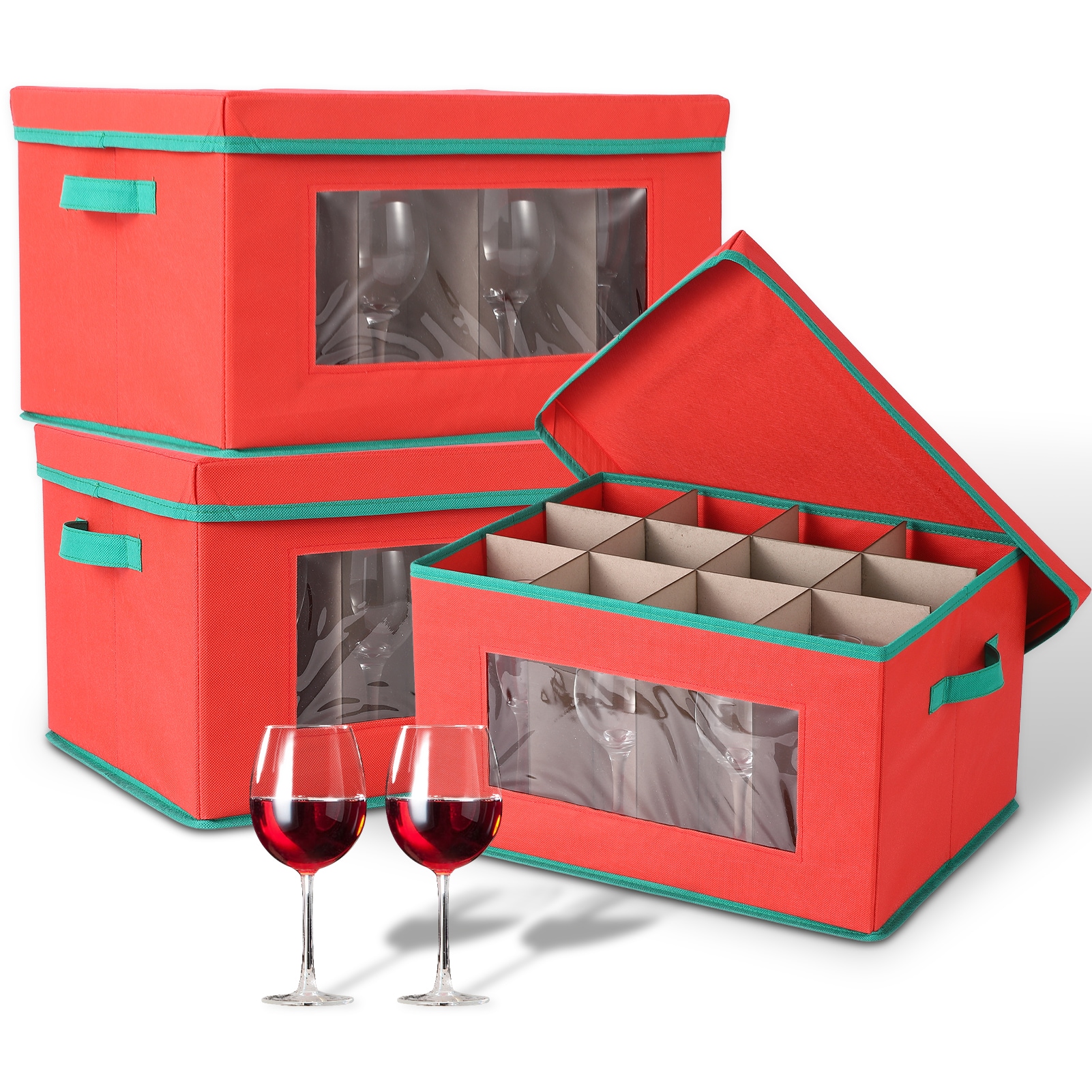 Aoile 3 Pack Wine Glass Storage Box 12 Compartments with Dividers Red Stemware Container Champagne Flute Storage Cases for Moving with Lid Window Handle