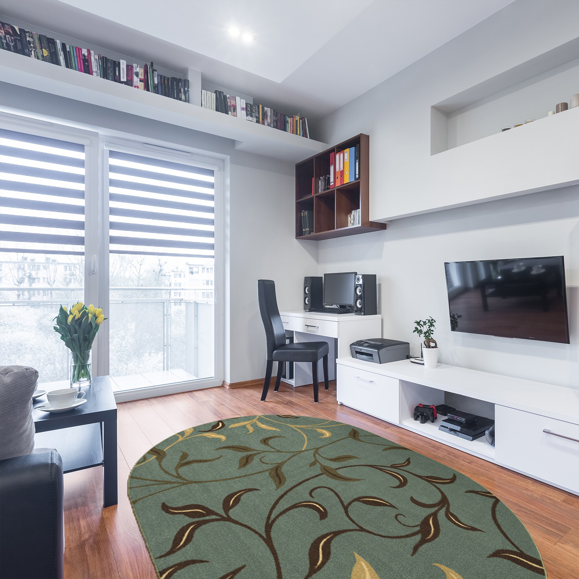 Ottomanson CLS3065O-5X7 Leaves Rug For Living Room 5 x 7 (ft) Loomed Nylon Seafoam Green Leaves Oval Indoor Floral/Botanical Area rug