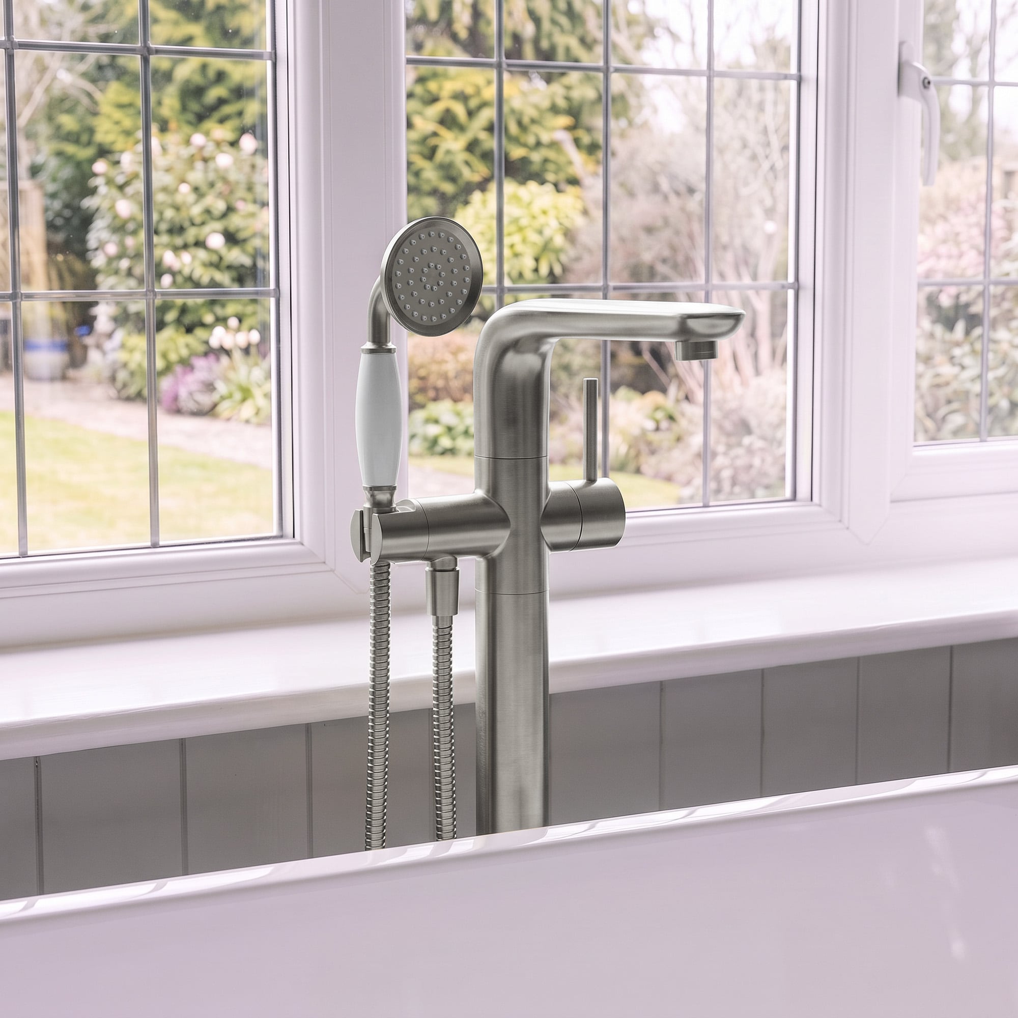 GRANDJOY  Brushed Nickel High-Arc Waterfall Bathtub and shower Faucet Valve Included Deck-mount Roman Tub Faucet with Hand Shower 1-handle