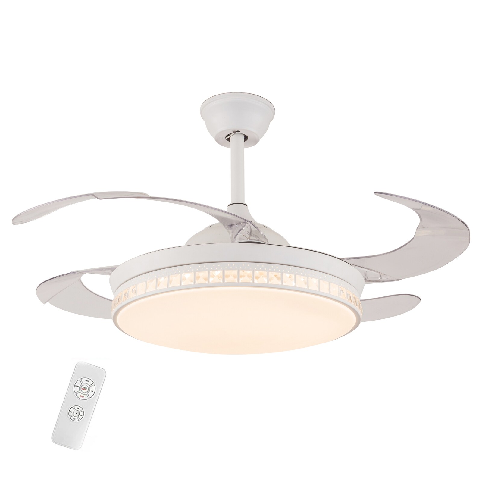 Oukaning HG-HCXLST-4227-US 42-in Color-Changing Integrated LED White with Crsytal 3-Speed with ABS Blades Chandelier Ceiling Fan With Light - Remote Included ( 4 -Blade )