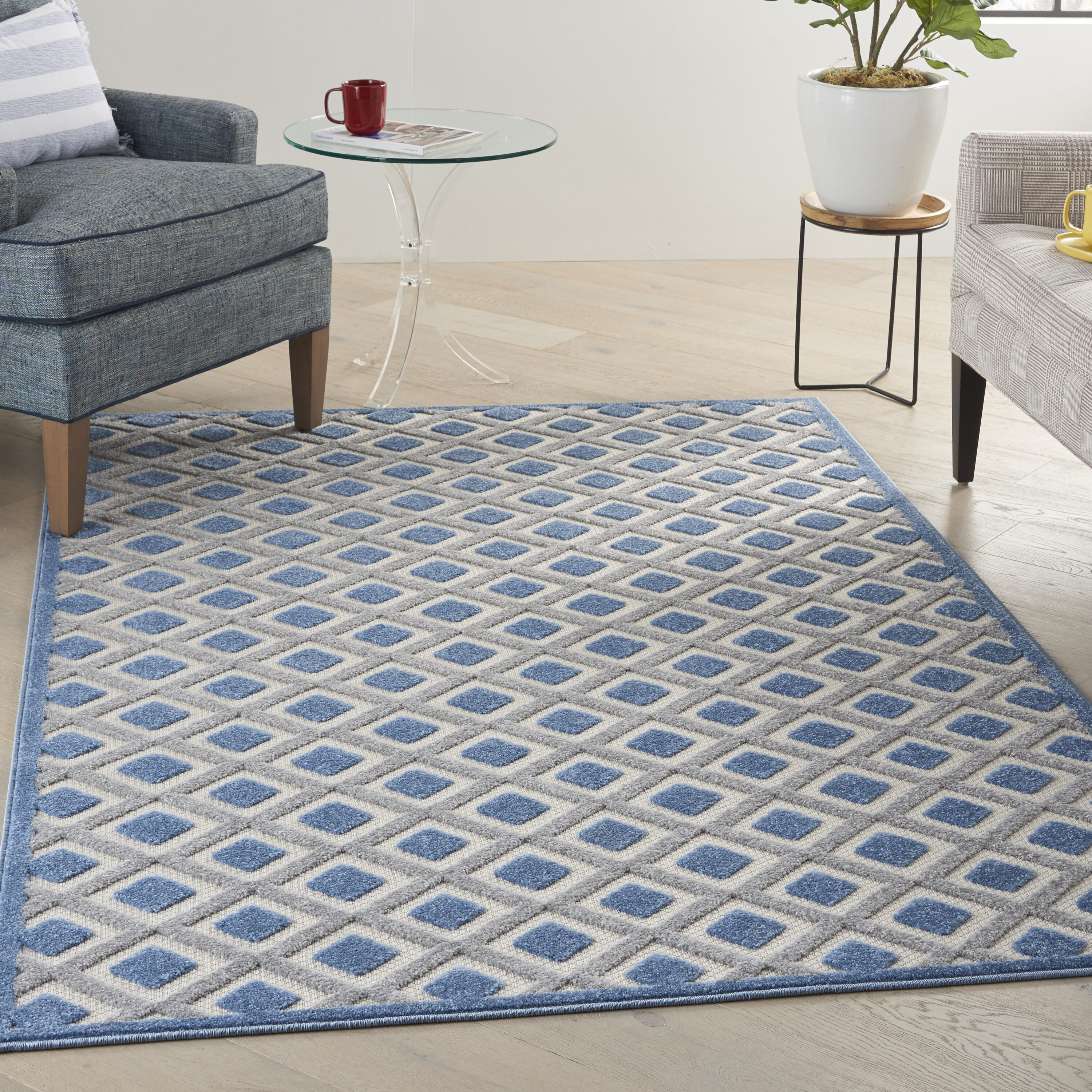 Nourison 99446829290 Aloha 4 x 6 (ft) Loomed Polypropylene Blue/Grey Rectangular Indoor/Outdoor Geometric Area rug