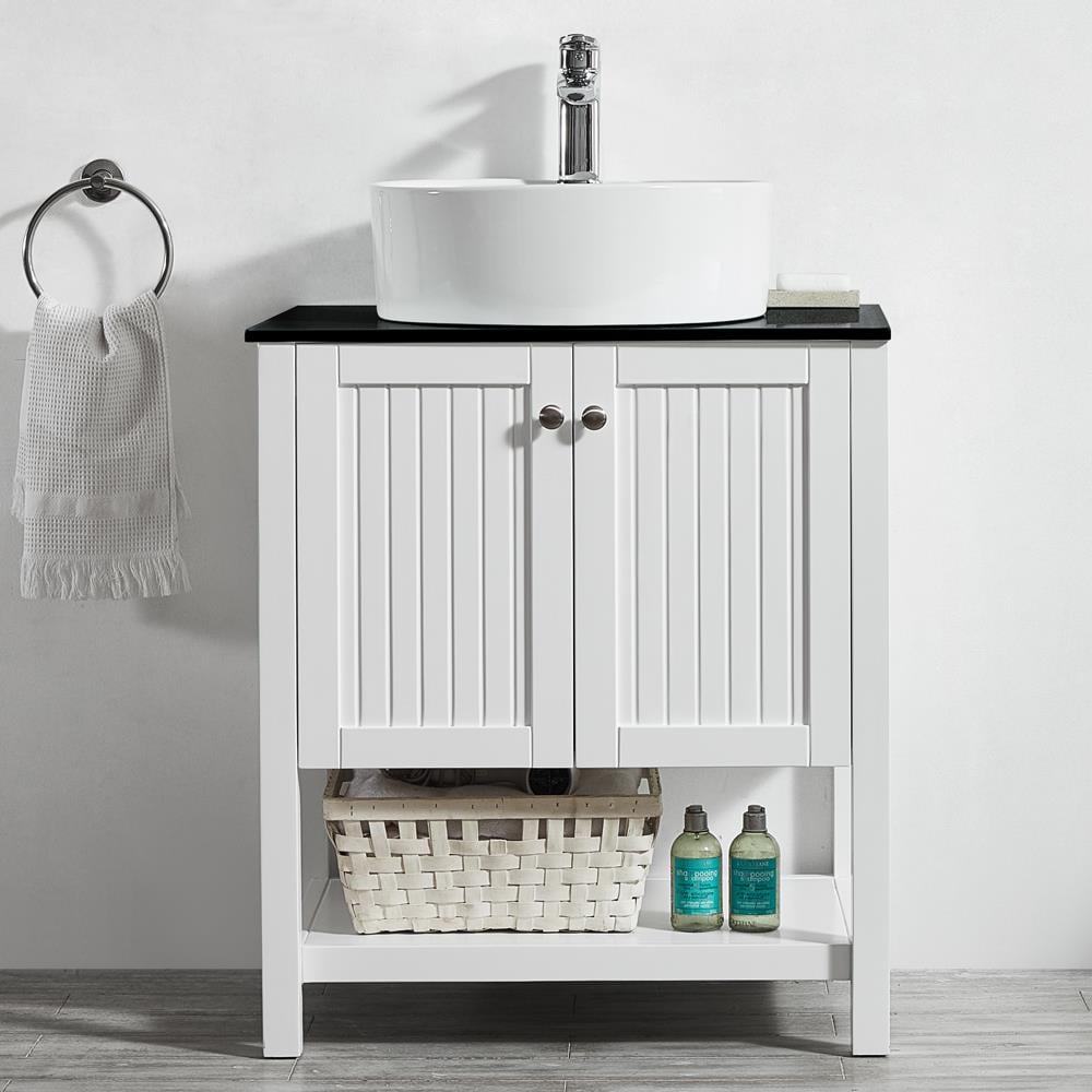 Vinnova 756028-WH-BG-NM Modena 28-in White Single Sink Bathroom Vanity with Black Glass Top