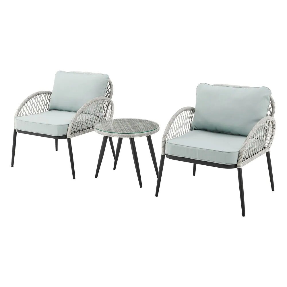 Grearden HZJX029 3 -Piece Wicker Patio Conversation Set with Blue Cushions
