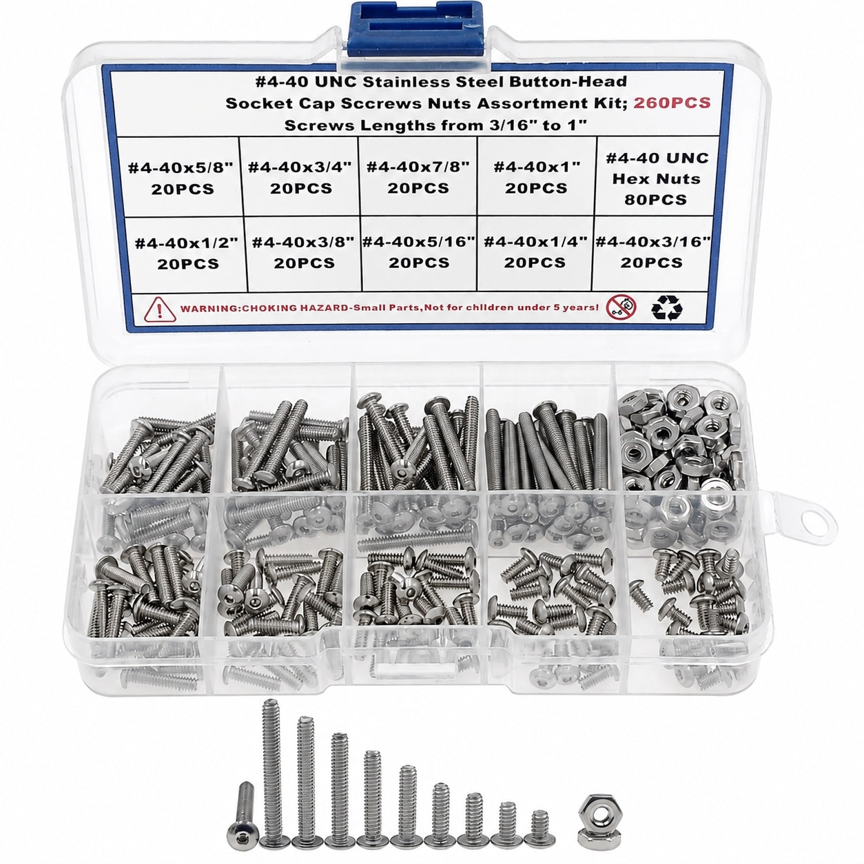 JVFCXXV  4-40 UNC Button Head Socket Cap Screws Bolts Nuts Assortment Kit 304 Stainless Steel Screws Lengths from Three Sixteenth In to One In