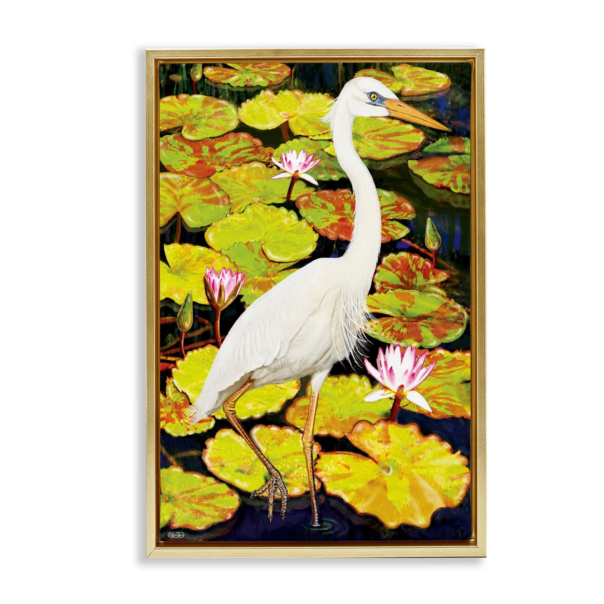Stupell Industries BT-359-FFG-20X30 Stepping Bird on Lily Pads Floating Frame design by Rosiland Solomon