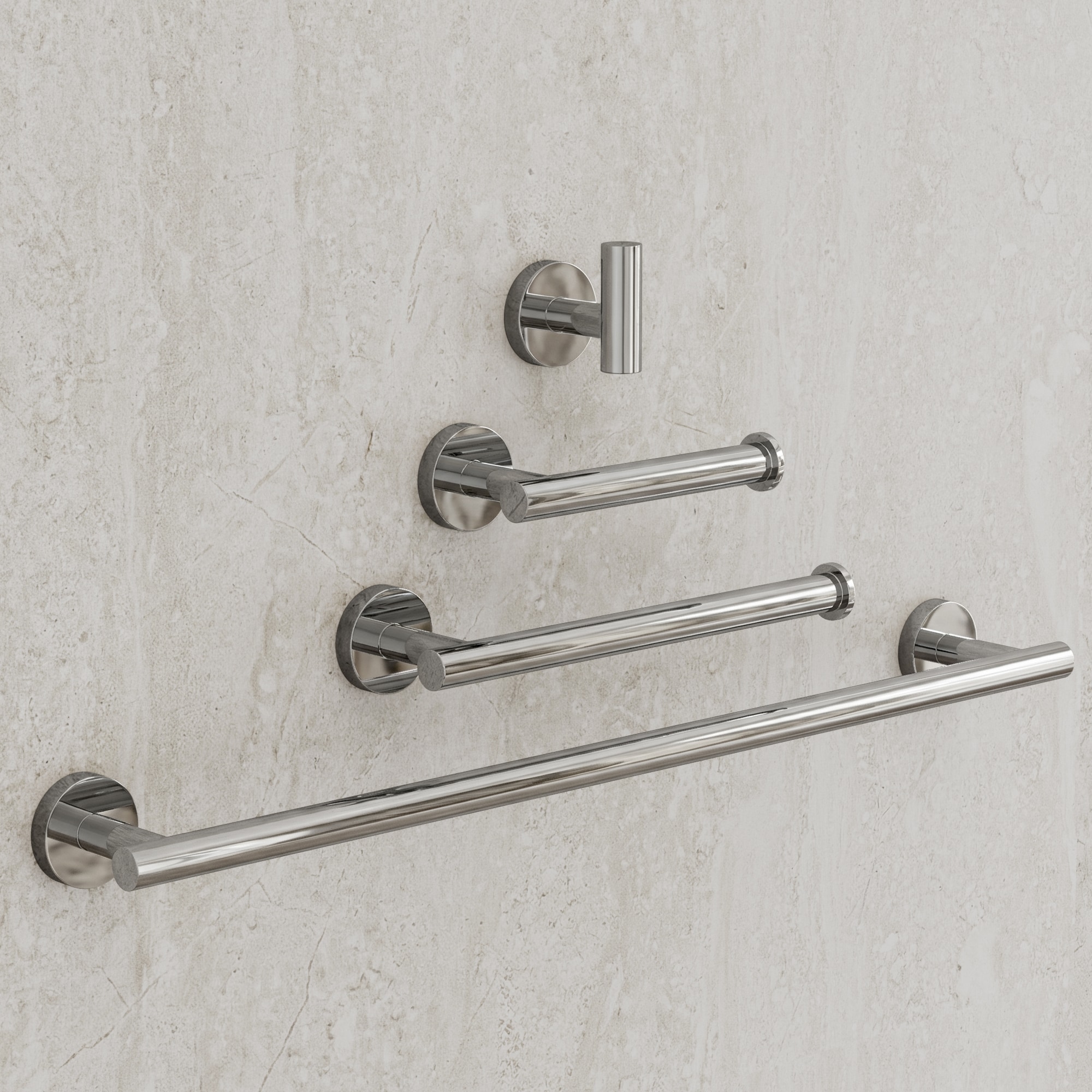 YAWWALK Adjustable 22 Inch 4 Piece Stainless Steel Bathroom Hardware Set with Two Towel Bars Toilet Paper Holder and Robe Hook for Complete Bathroom Organization in Chrome