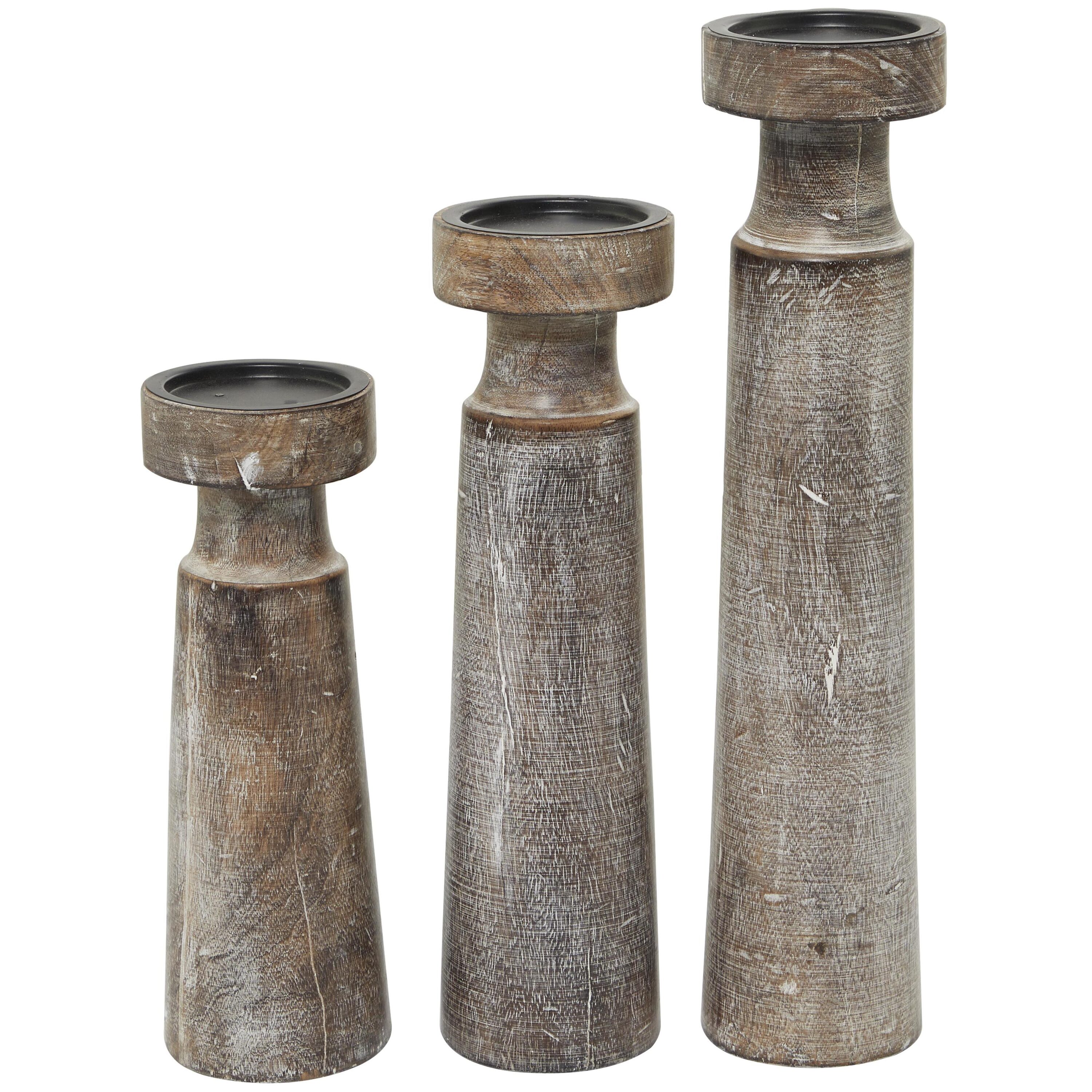 Dark Brown Mango Wood Coastal Candle Holder Set