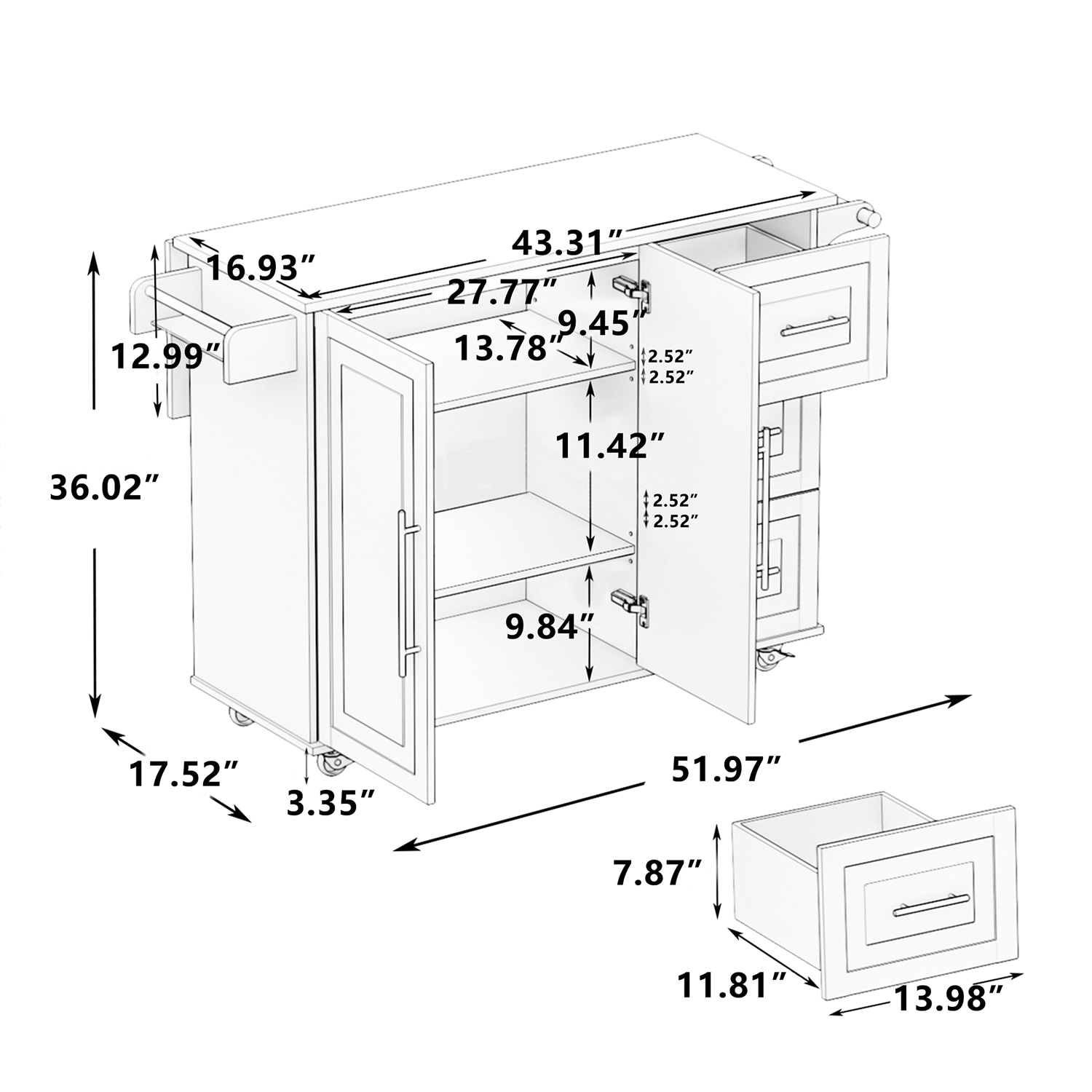 Bybafun Black Mdf Base with Mdf Wood Top Rolling Kitchen Island (29.5-in x 46-in x 37-in)