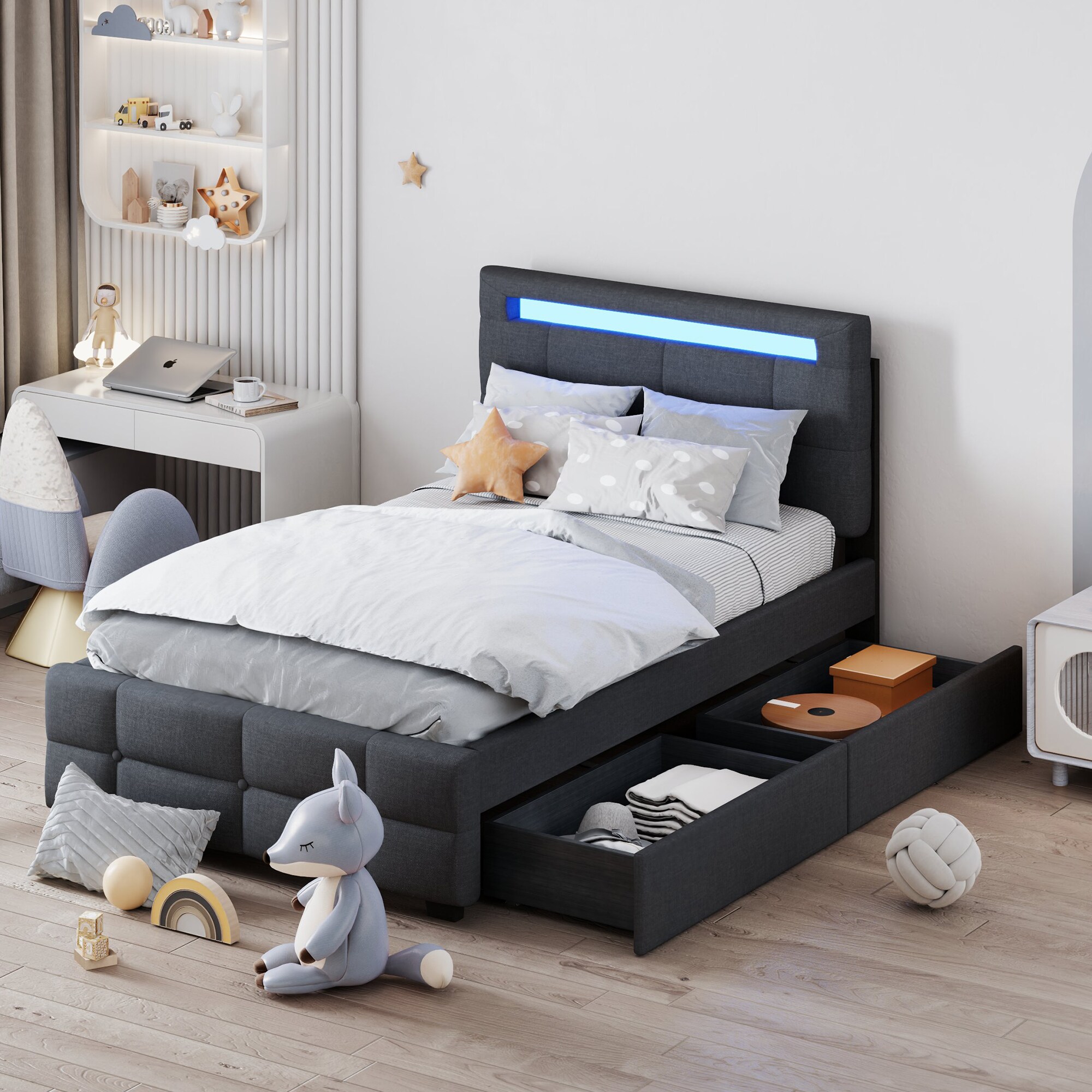 ModernLuxe L3P-SF000097AAE Twin Size Upholstered Platform Bed with LED Frame and 2 Drawers Linen Fabric Gray