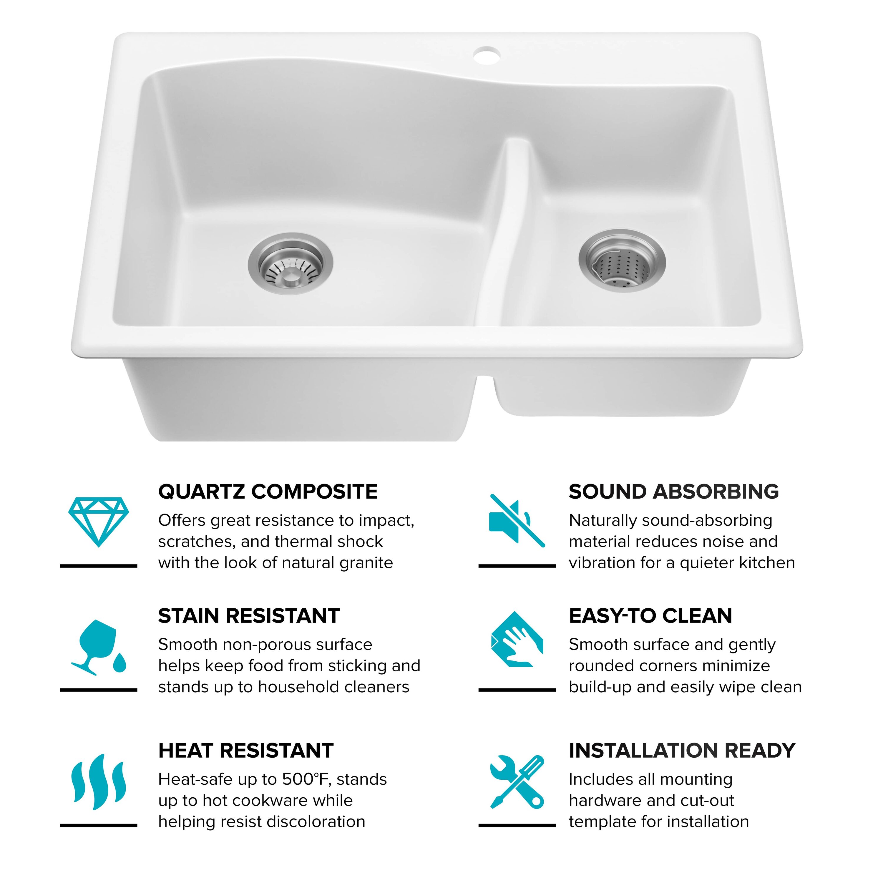 White Granite 33" Dual Bowl Drop-In Kitchen Sink
