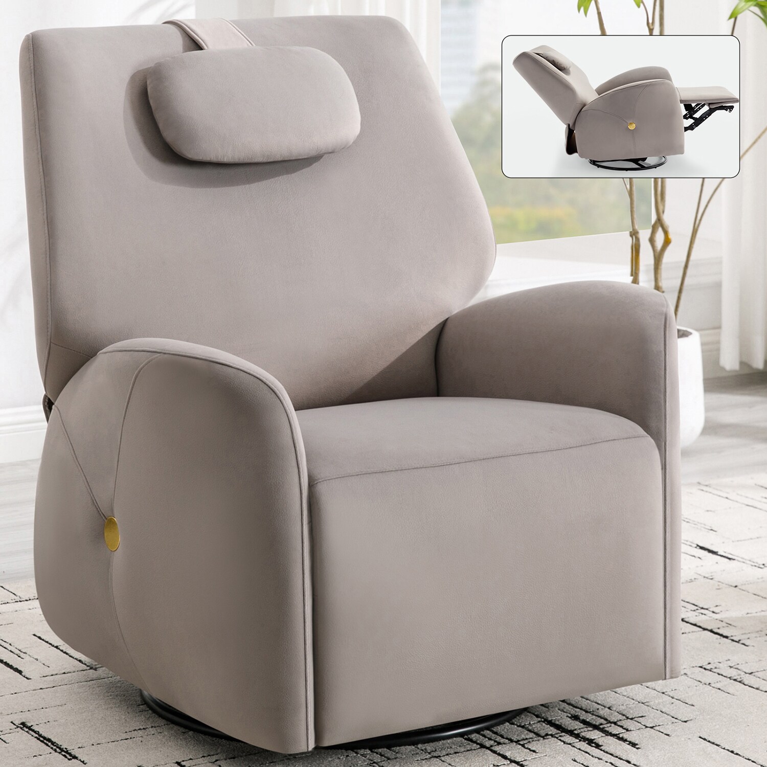 GZMR GZ-W1803RC55 Swivel Rocker Recliner with Lumbar and Neck Support Pillow Beige Polyester Upholstered Swivel Powered Reclining Recliner