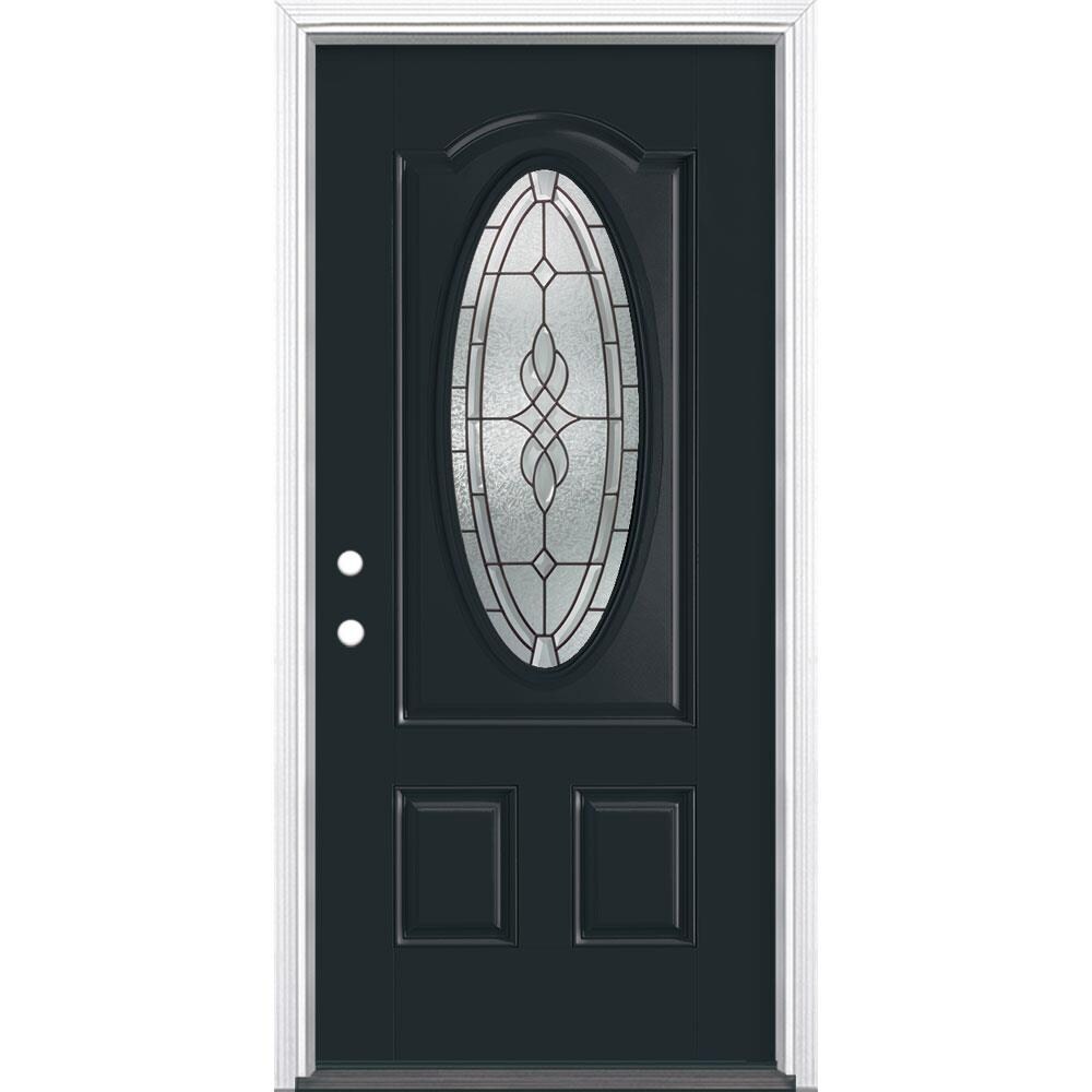 Masonite 896081 Hampton 36-in x 80-in Fiberglass Oval Lite Right-Hand Inswing Eclipse Painted Single Front Door with Brickmould Insulating Core