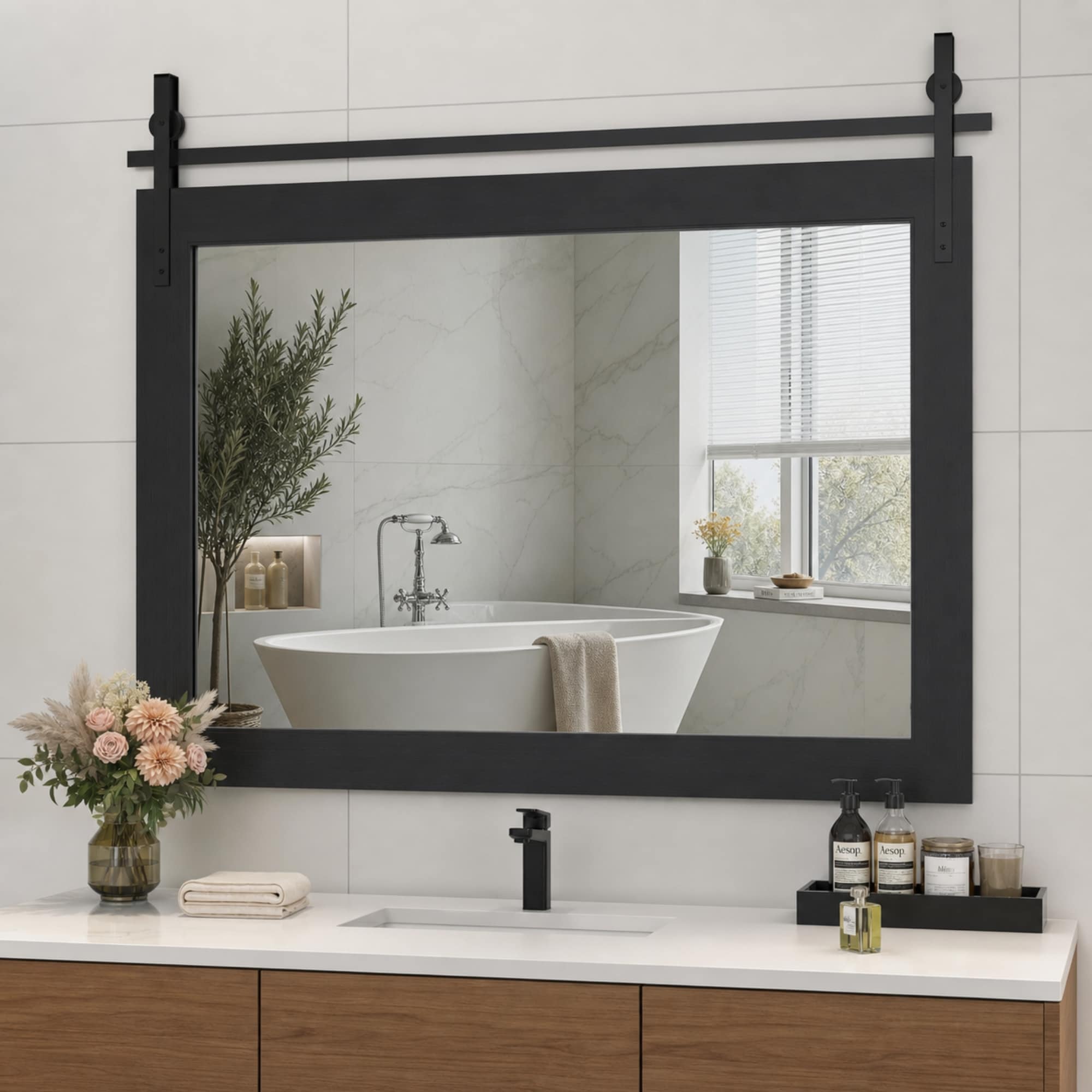 Wooakway 40in x 26in Rectangular Farmhouse Bathroom Vanity Mirror Rustic Black Faux Wood Framed Wall Mirror Barn Door Style Tempered Glass Wall Mounted Mirror Scratch Resistant Wide Decorative Mirror for Double Vanity Bathroom  Entryway