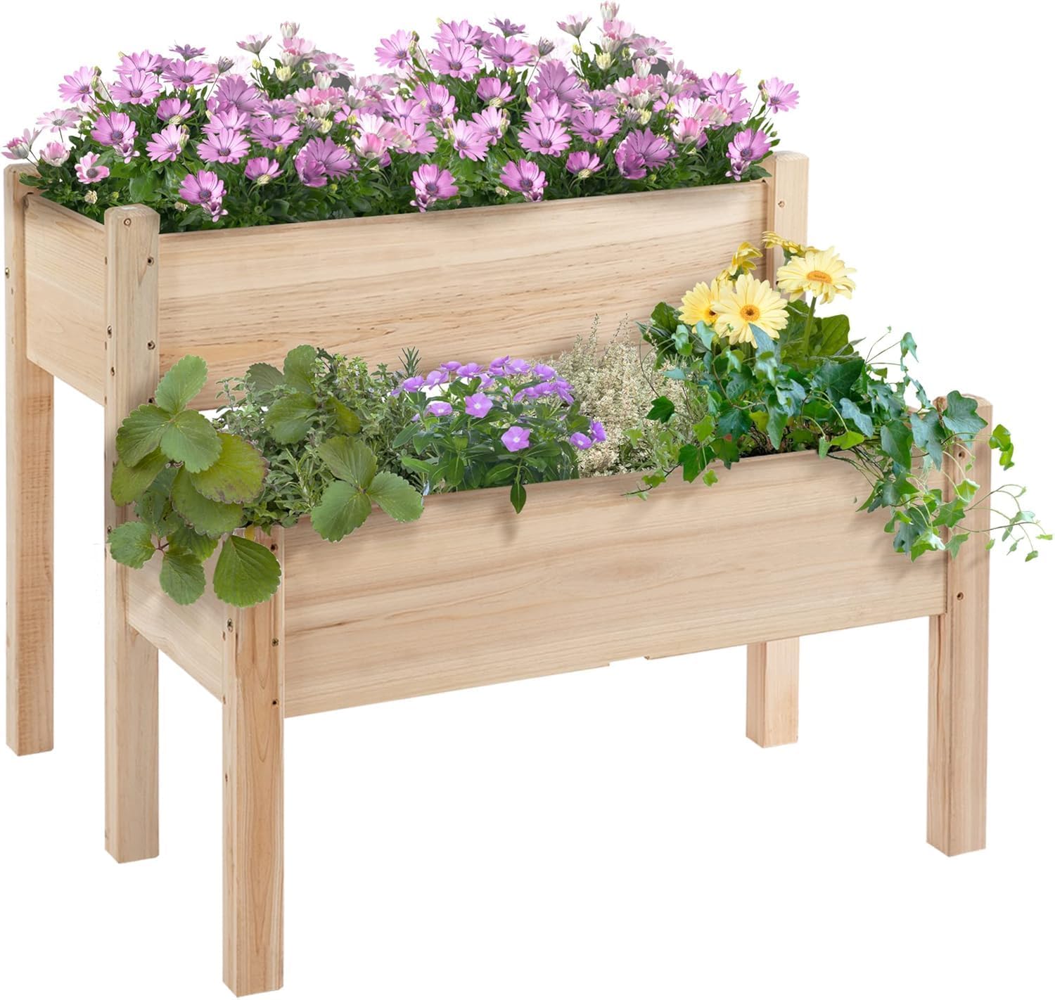 IdealHouse Two-Tier Wooden Raised Garden Bed with Legs 34x34x29 Inch Large Elevated Outdoor Planter Box with 8 Drainage Holes 352 Lbs Capacity for Vegetables Herbs Flowers in Backyard Patio Deck