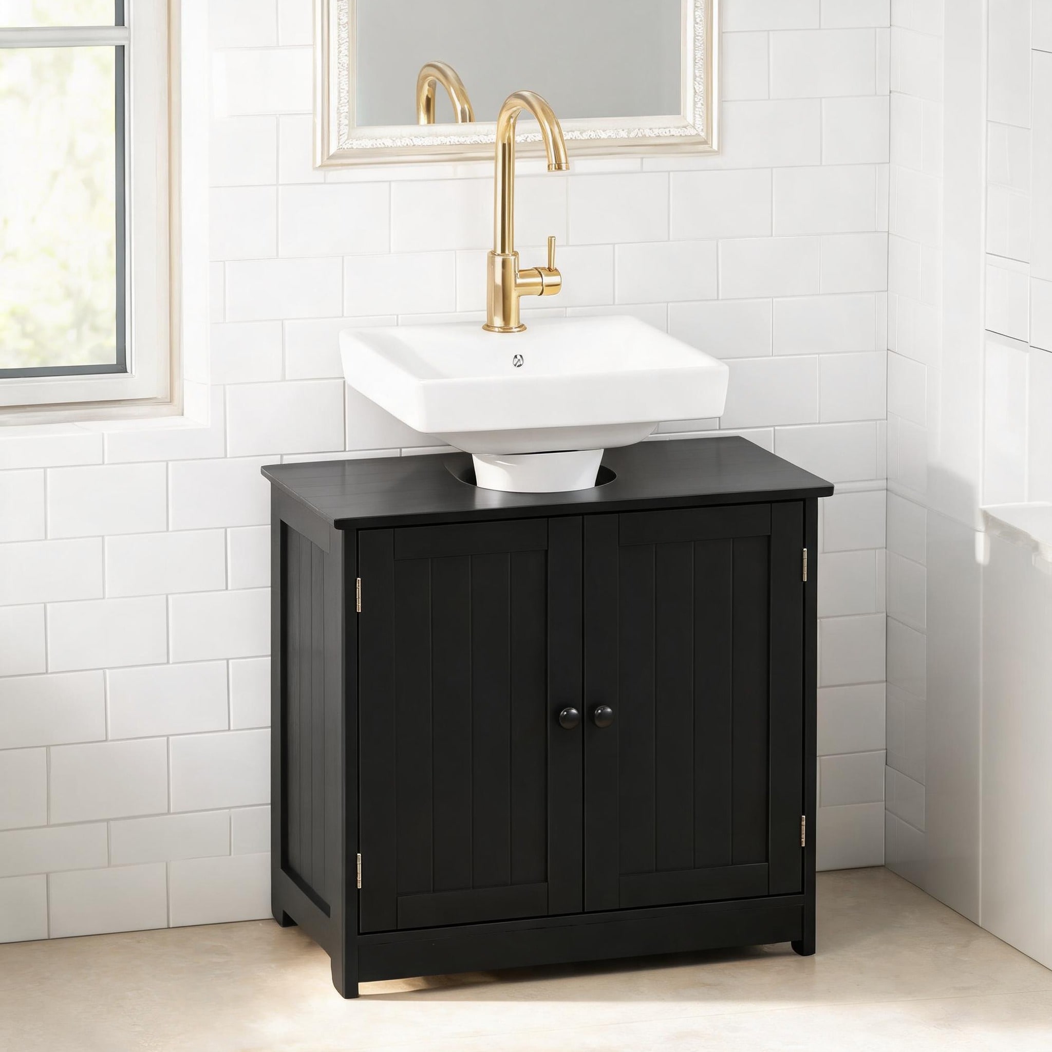 Watnature Contemporary Under Sink Storage Bathroom Vanity Adjustable Shelf MDF Construction Classic Black