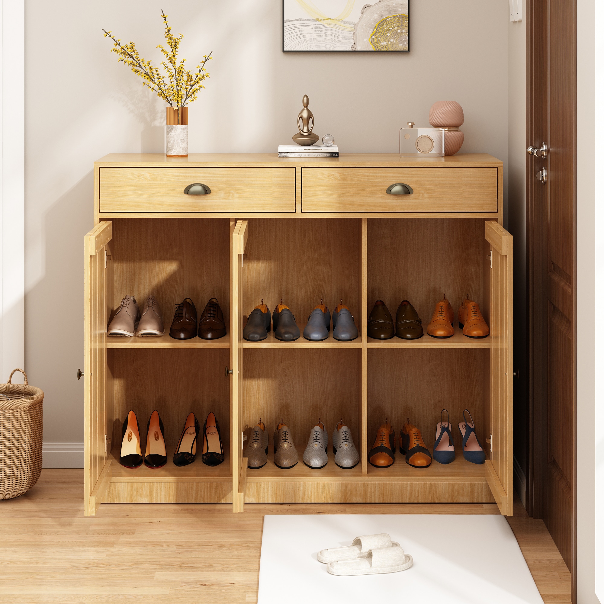 FUFU GAGA 39.4 in H 2 Tier 12 Pair Natural Wood Composite Shoe Cabinet in the Shoe Storage department at Lowes