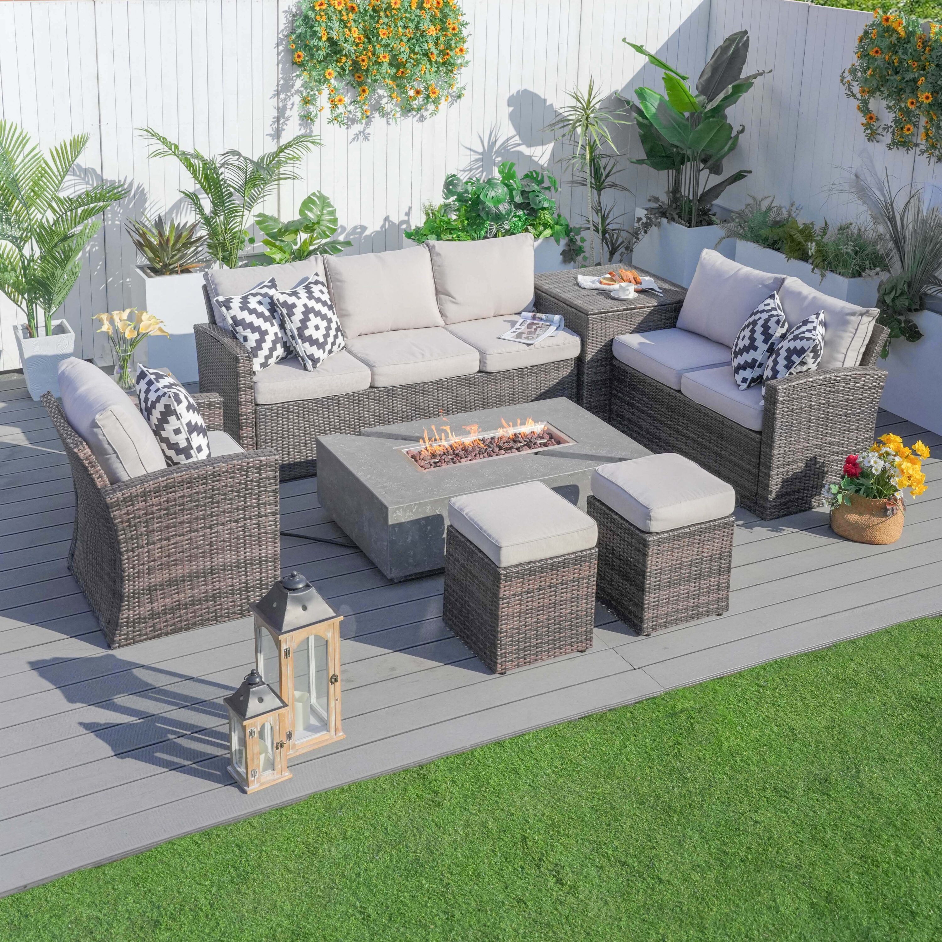 Direct Wicker DWG-1403BBR&24913GR 7 -Piece Wicker 3 Patio Sofa Conversation Set with Beige Cushions