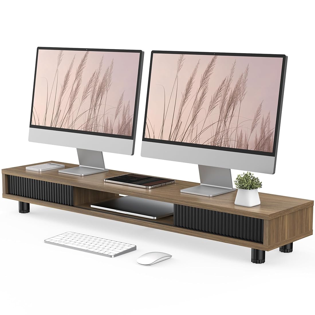 Etokfoks  Dual Monitor Stand Riser with Sliding Door Storage Organizer 2 Tier Shelf for Desk 42 5 in