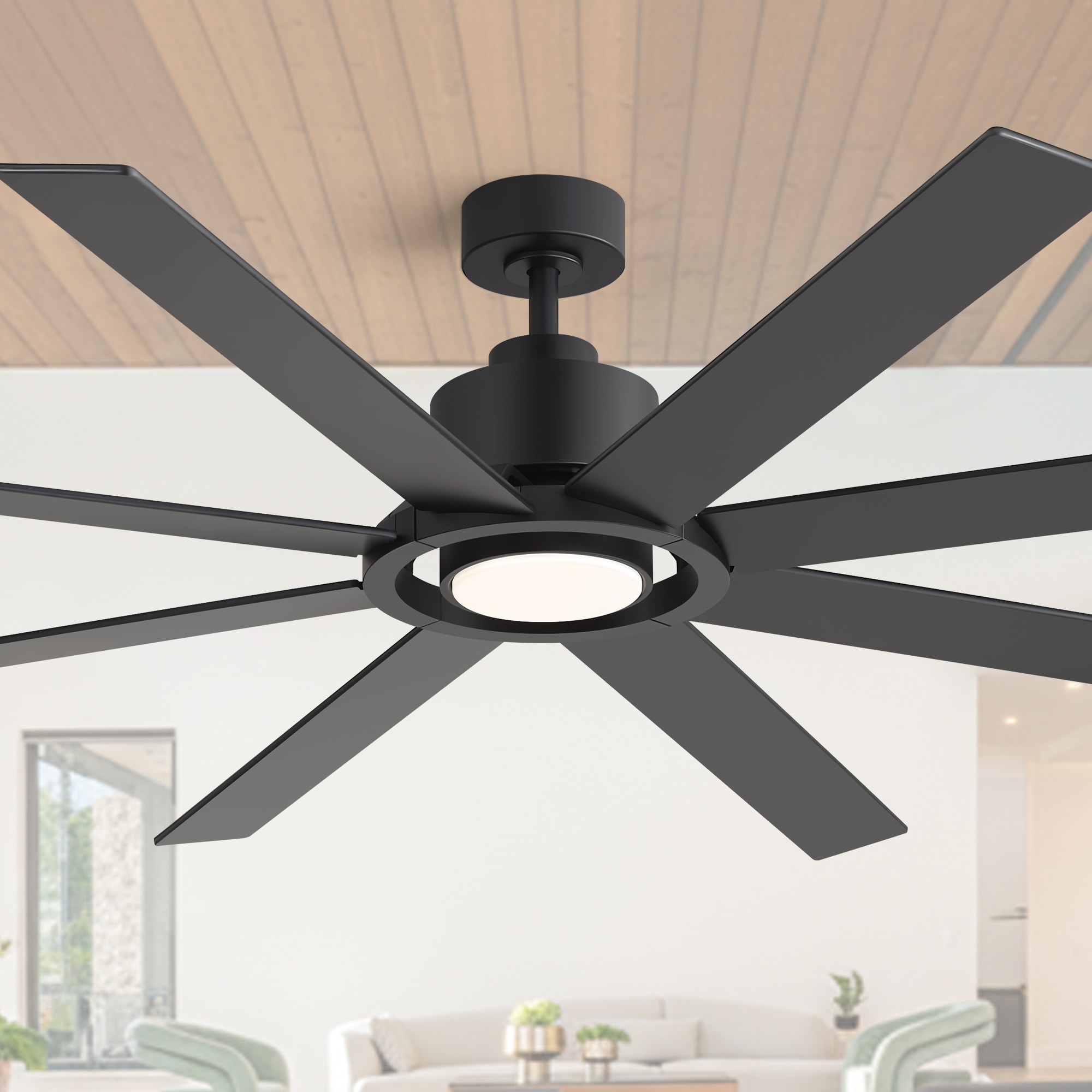 Breezary Modern Architectural 3CCT 72-in Matte Black with Black Plywood Blades LED Ceiling Fan With Light and Remote Control Included 8 -Blade
