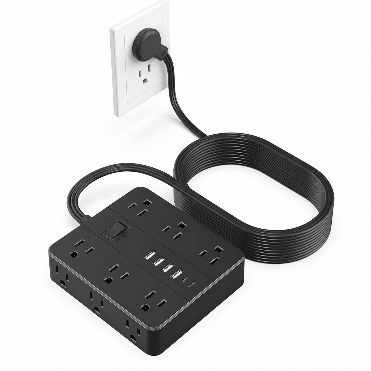 UUDULY  25FT Surge Protector Power Strip 12 AC Outlets with 6 USB Ports 2 USB C Flat Plug Extension Cord with Multiple Outlets Wall Mount for