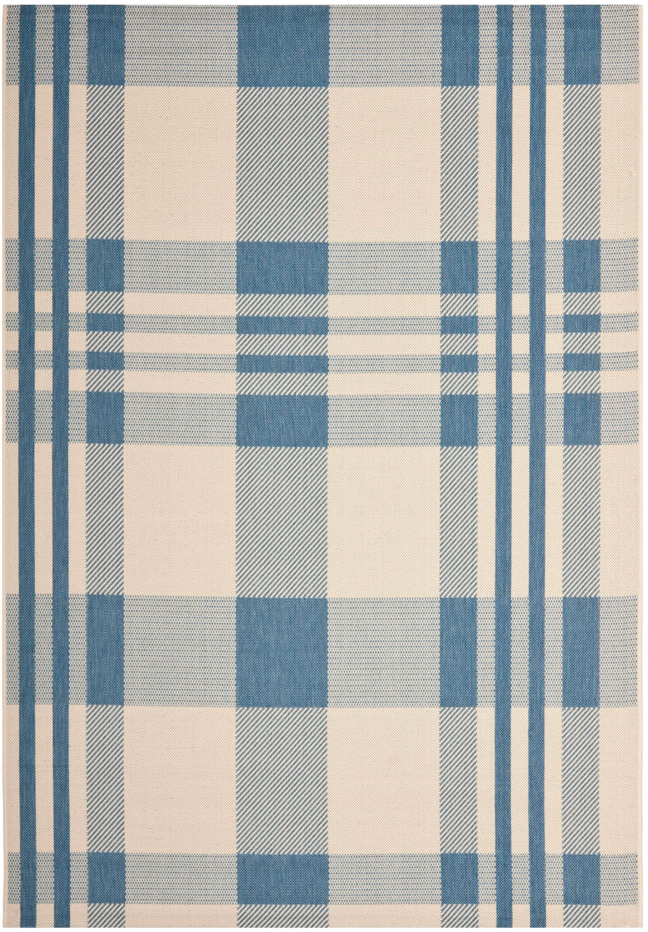 Beige and Blue Plaid Indoor/Outdoor Synthetic Rug