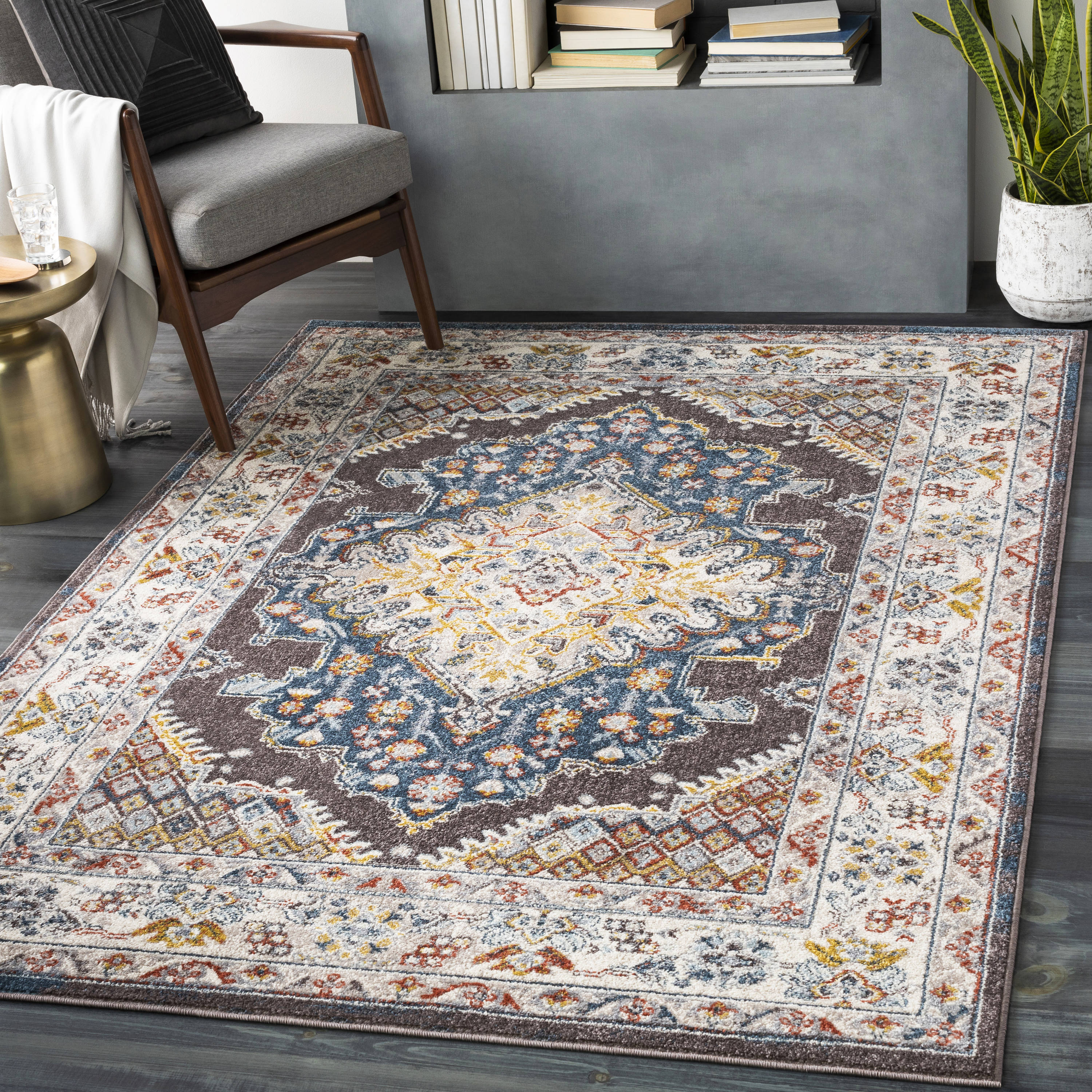 Livabliss AKR2302-710103 Ankara 8 x 10 (ft) Synthetic Dark Brown Rectangular Indoor Medallion Oriental Area rug