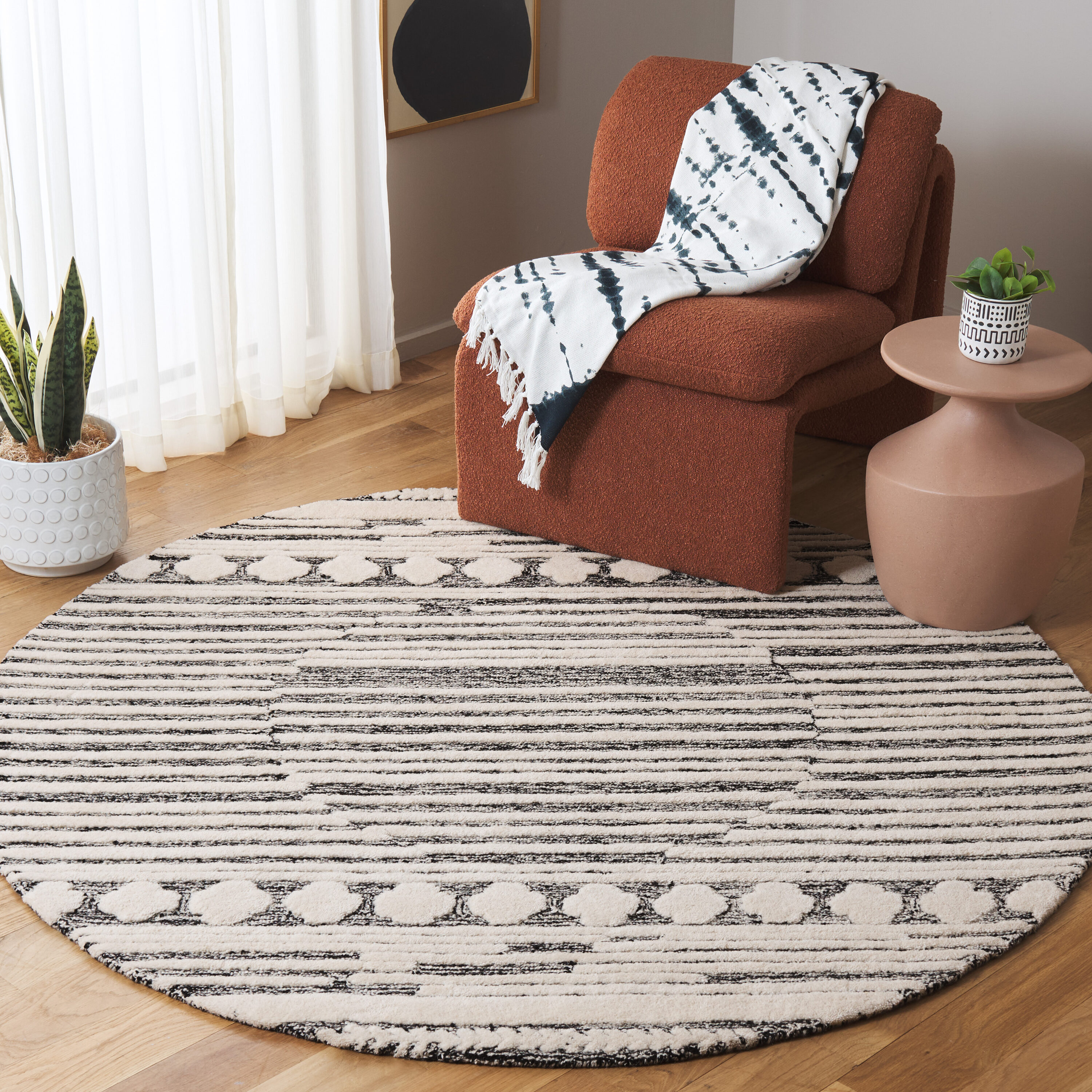  Abstract 559 Black/Ivory Bohemian 6ft x 6ft Round Rug