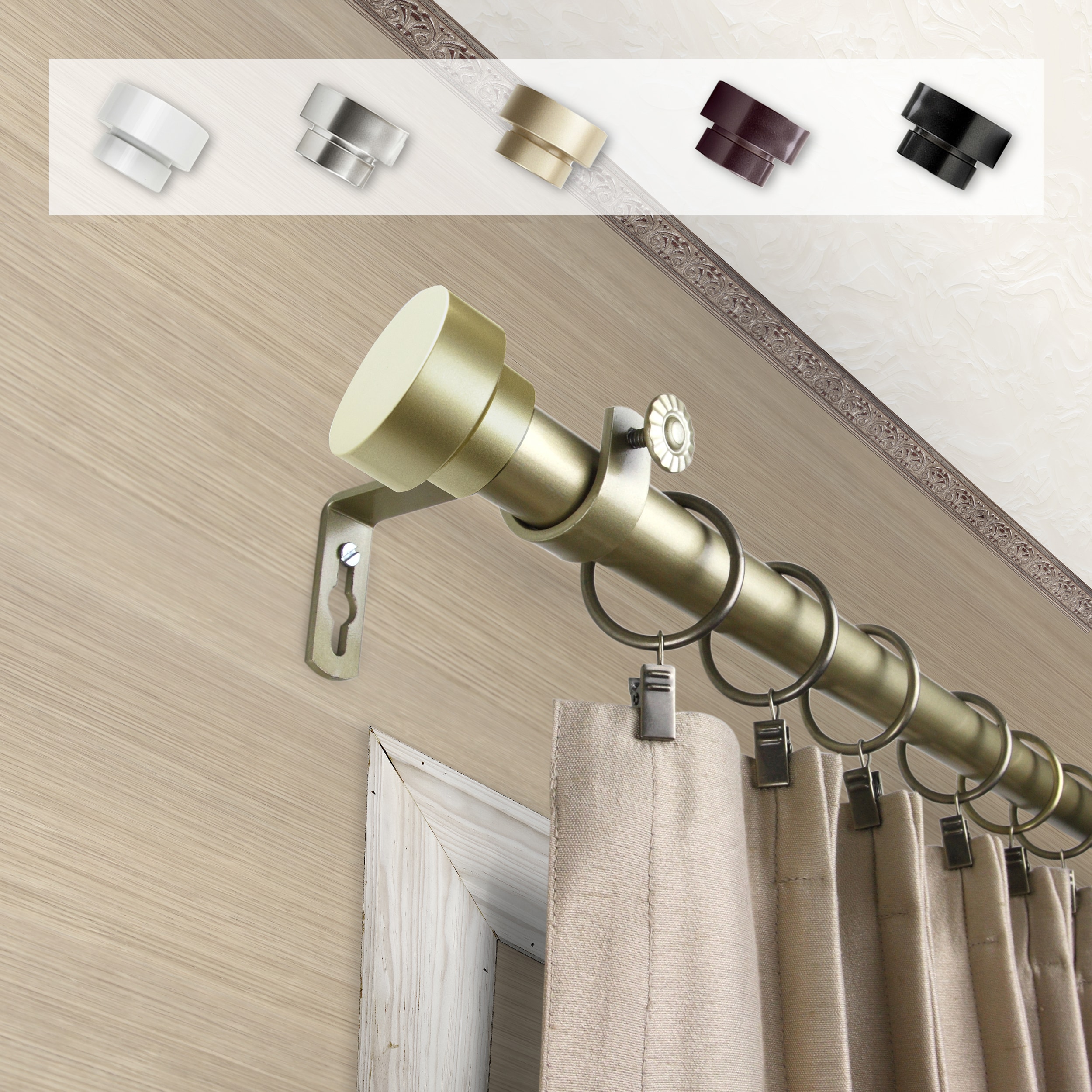 Hart & Harlow L-100-37-183 Cap 1-in 18-in to 28-in Light Gold Steel Single curtain rod with Finials