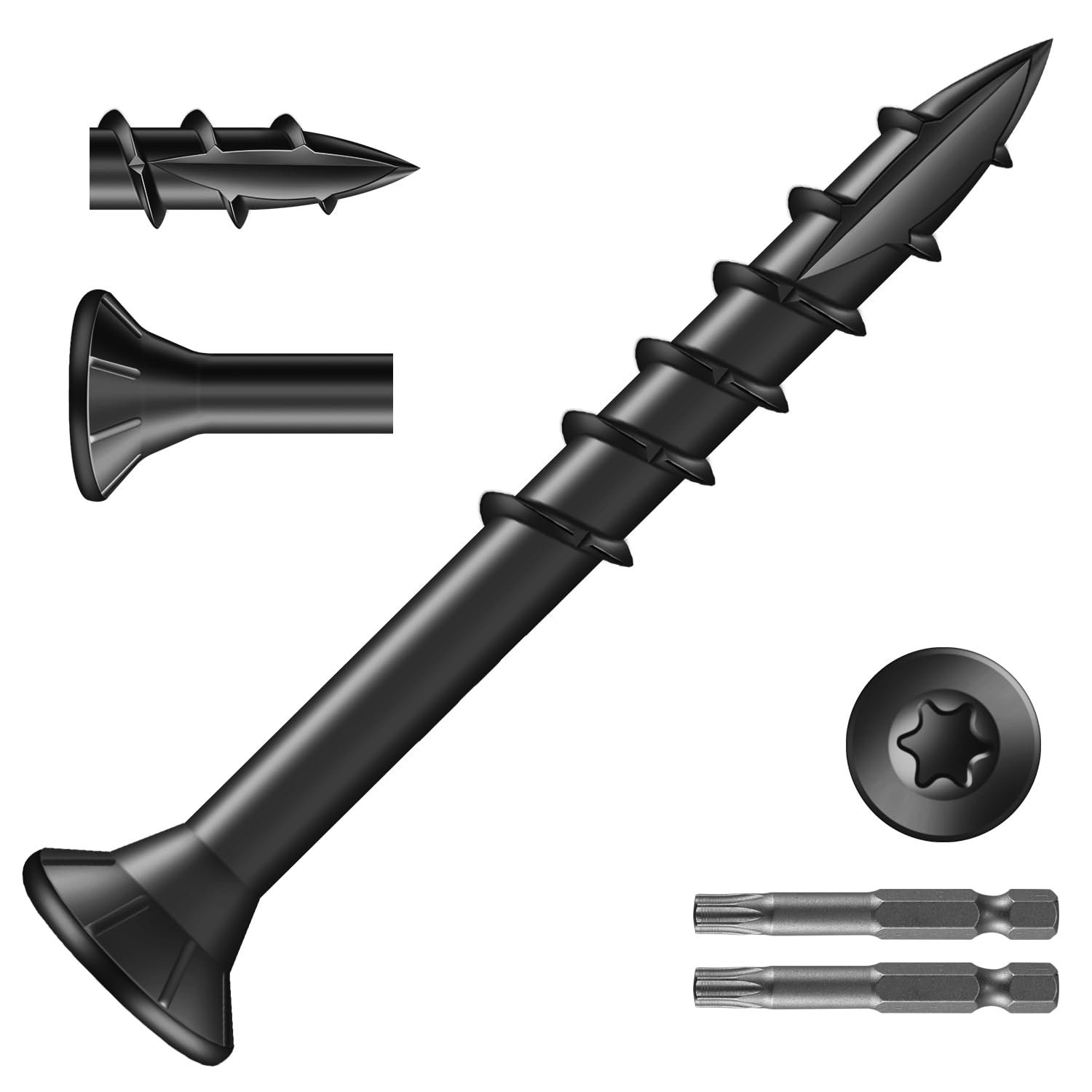 KHKFY  Number 8 by One and One Half Inch Deck Screws Carbon Steel Black Flat Head Rust Resistant Epoxy Coated with T25 Star Bit 322 Pieces