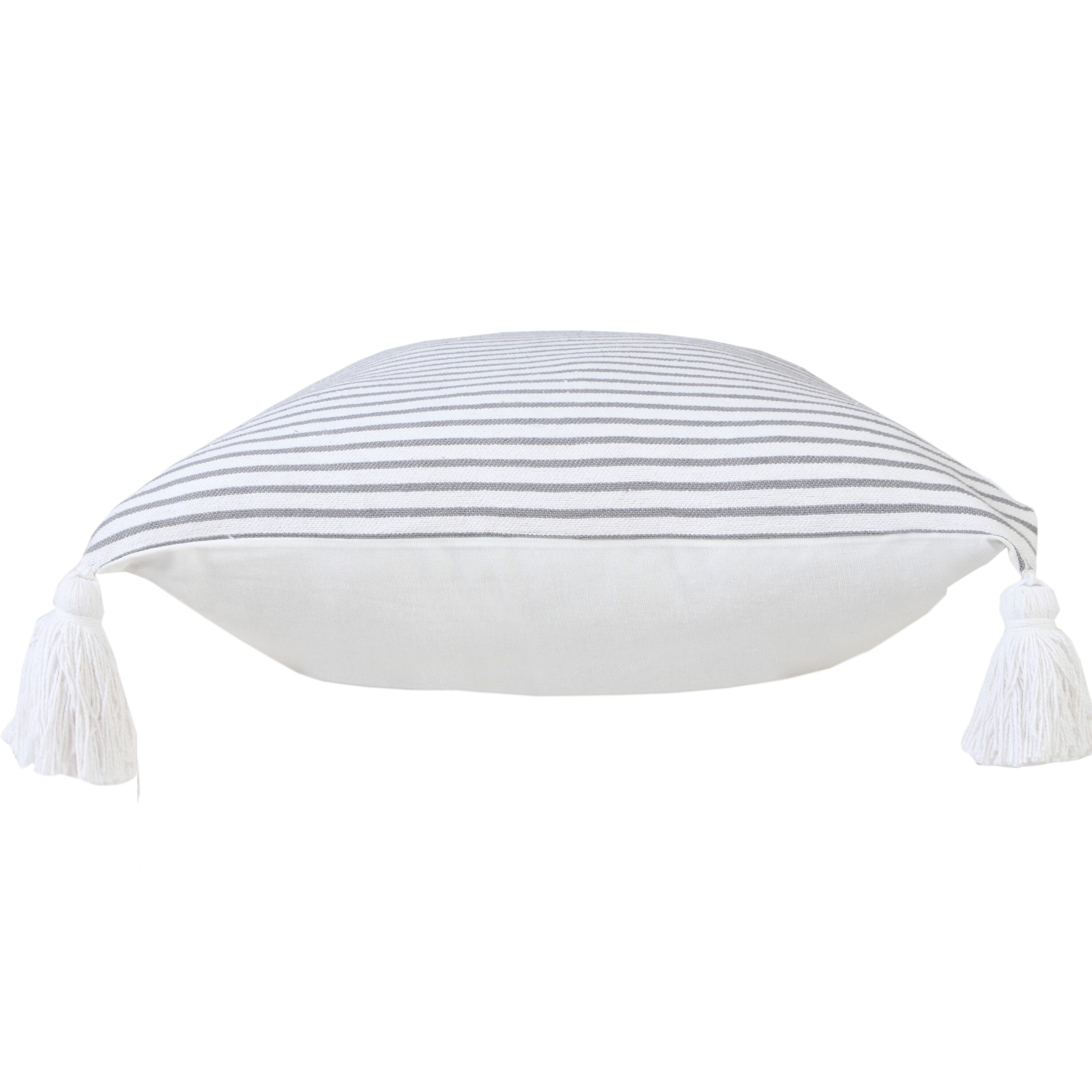 Gray and White Striped Cotton Square Throw Pillow with Tassels
