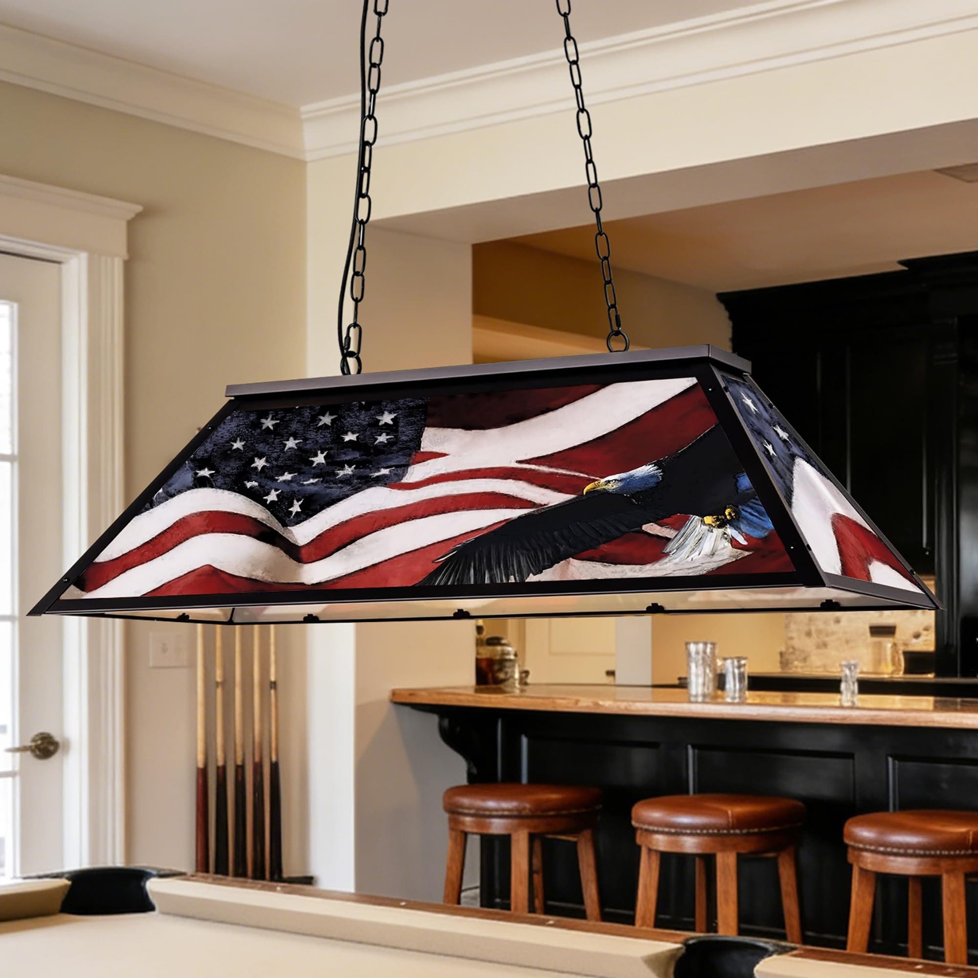 Lukvuzo  4 Light Tiffany Pool Table Lamp American Flag Shade Acrylic Billiards Fixture for 7 to 8 Foot Table Game Room Man Cave Easy Install