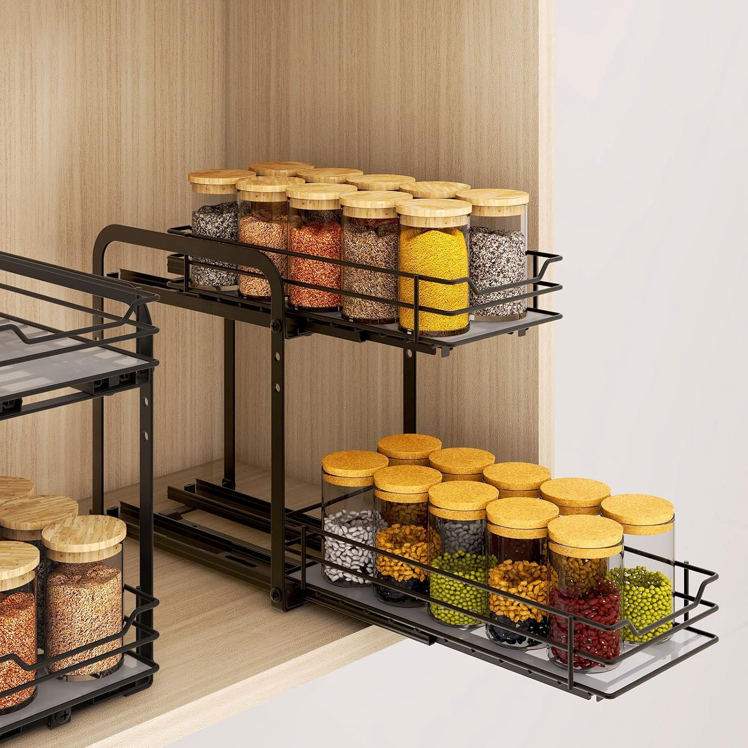 Kitstorack 2 Tier Pull Out Spice Rack Organizer for Cabinet Height Adjustable Heavy Duty Metal Basket 5.5in W x 10.5in D x 9.5in H Fits Standard Cabinets and Pantry