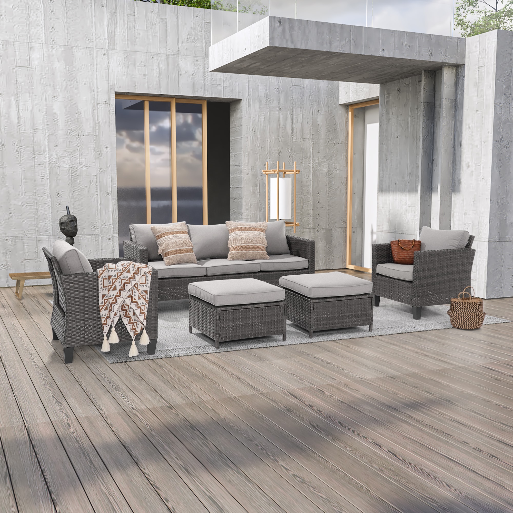 ACEGOSES LW-PS-145HLY 5 -Piece Wicker Patio Sofa Conversation Set with Light Gray Cushions