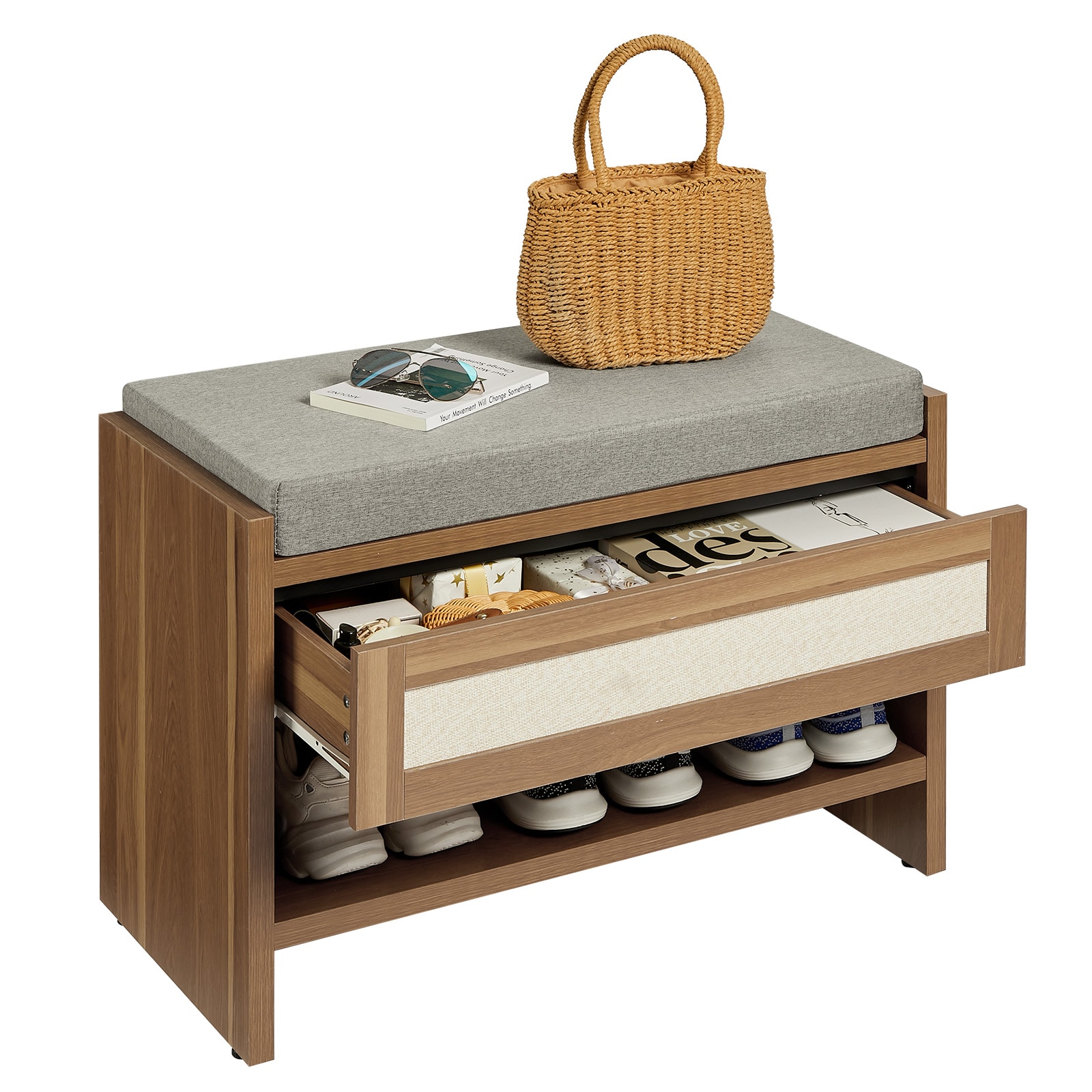 GarveeLife - Rattan Entryway Shoe Bench with Storage Drawer Linen Cushion Farmhouse Wooden Bench ...