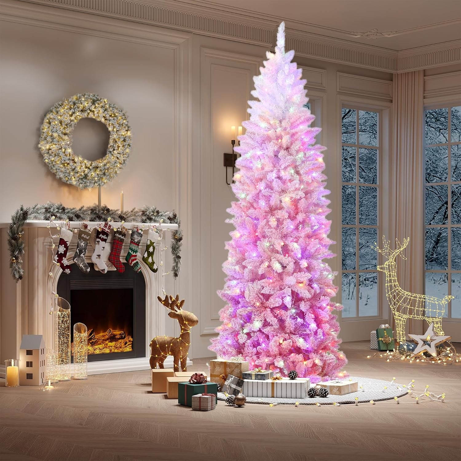GAOMON 7.5Ft Slim Pencil Artificial Christmas Tree- Snow Flocked Frosted Space Saving Design- Hinged Lightweight Xmas Tree for Home Office Indoor Holiday Party Decor